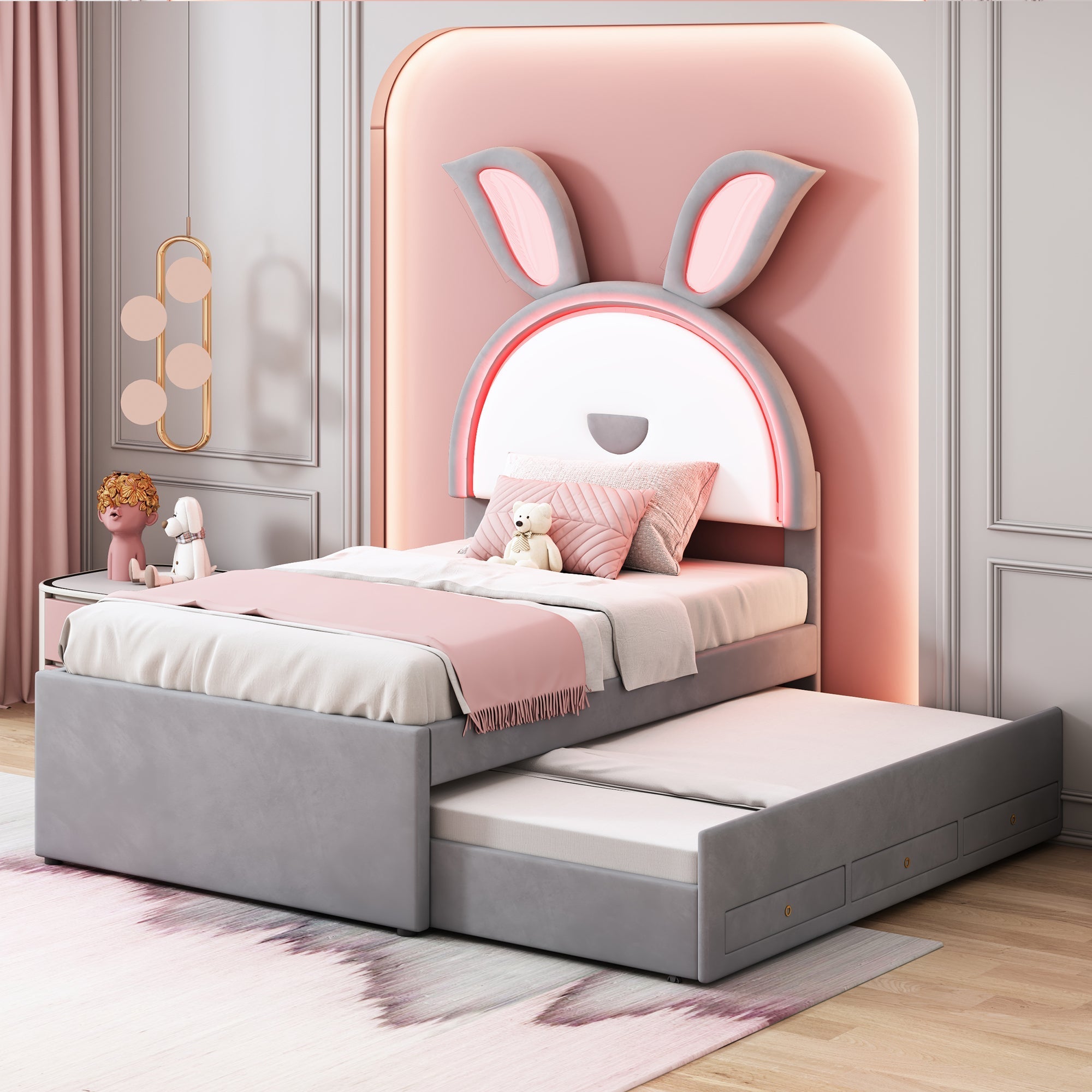 Children's Bed, Upholstered Sofa with Pull-Out, Storage & LED, Gray Velvet