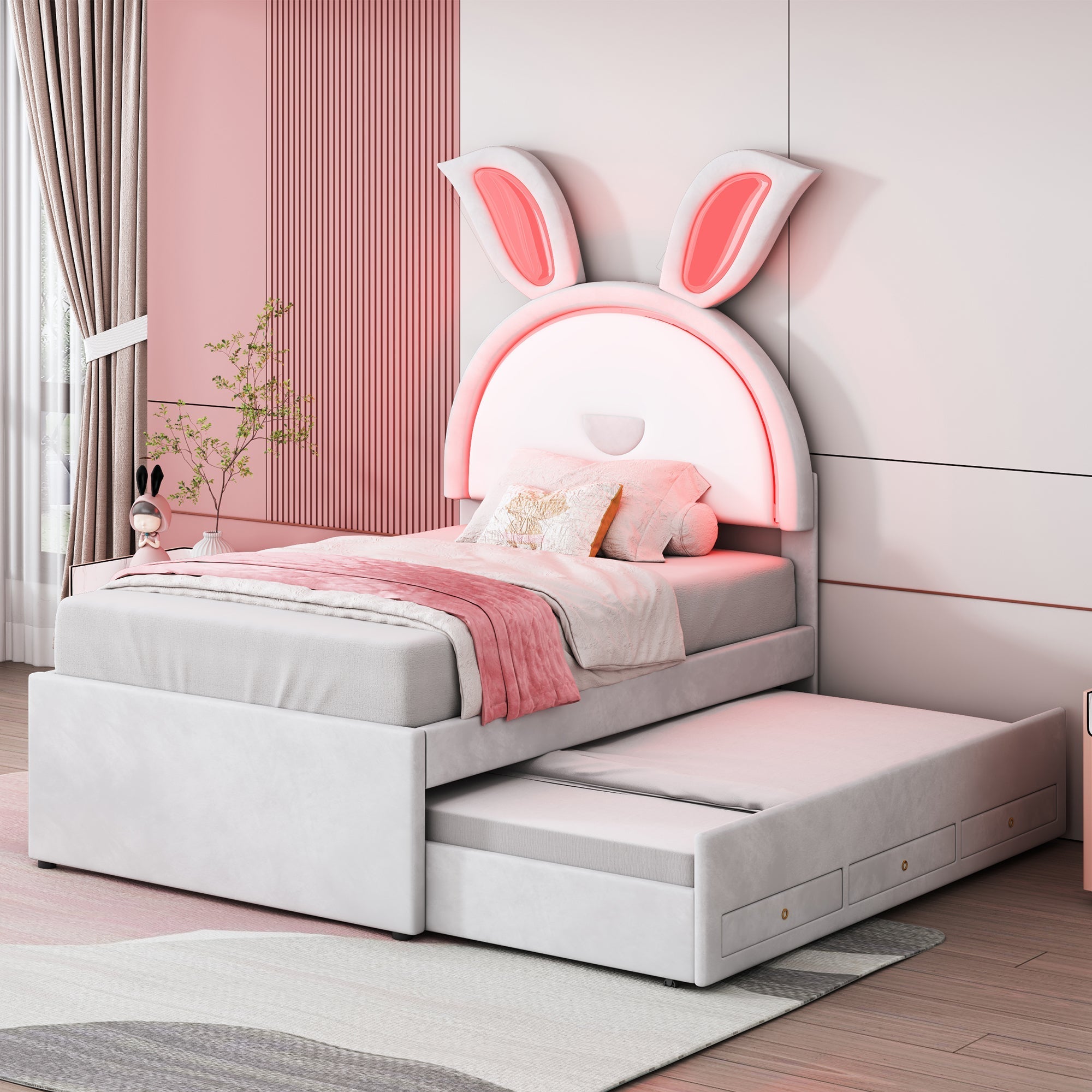 Children's Bed Upholstered Sofa with Pull-Out, Storage & LED Light, Beige Velvet
