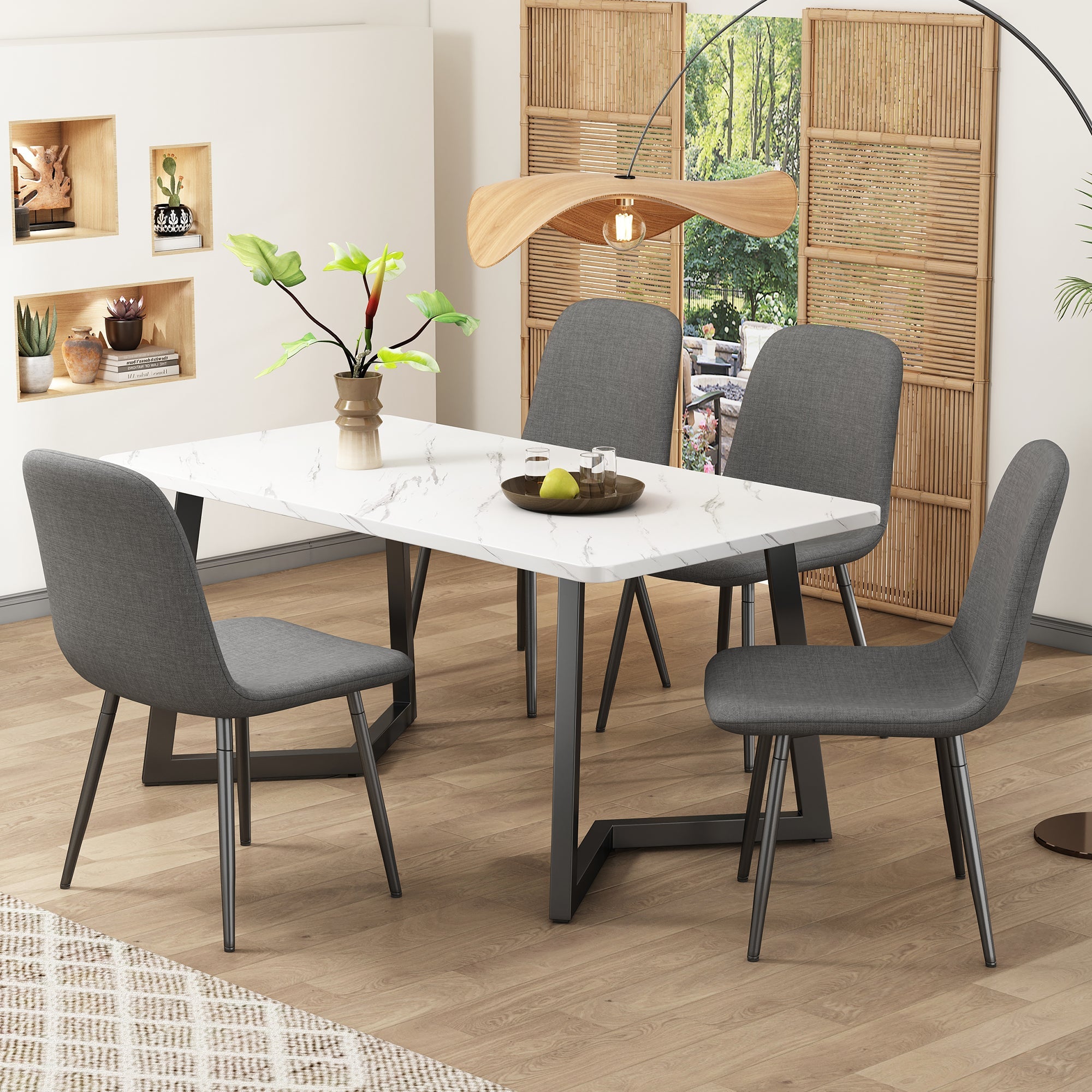 Dining Set (5-Piece) with 4 Modern Chairs, Metal Legs, Grey Linen/Black Table Legs