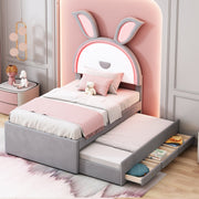 Children's Bed, Upholstered Sofa with Pull-Out, Storage & LED, Gray Velvet