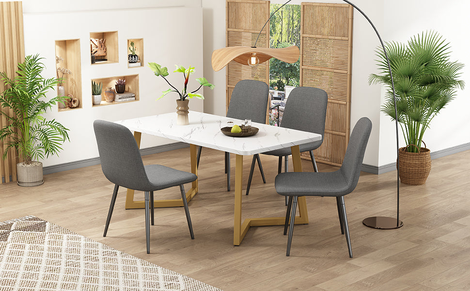 5-Piece Dining Set Modern Kitchen Table with 4 Chairs, Grey Linen & Gold