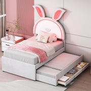 Children's Bed Upholstered Sofa with Pull-Out, Storage & LED Light, Beige Velvet