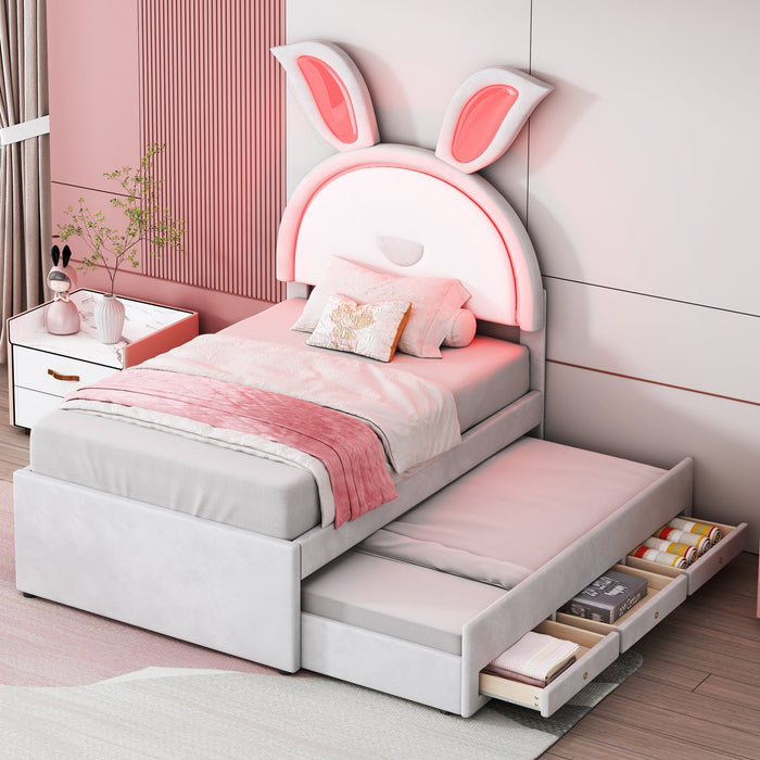 Children's Bed Upholstered Sofa with Pull-Out, Storage & LED Light, Beige Velvet