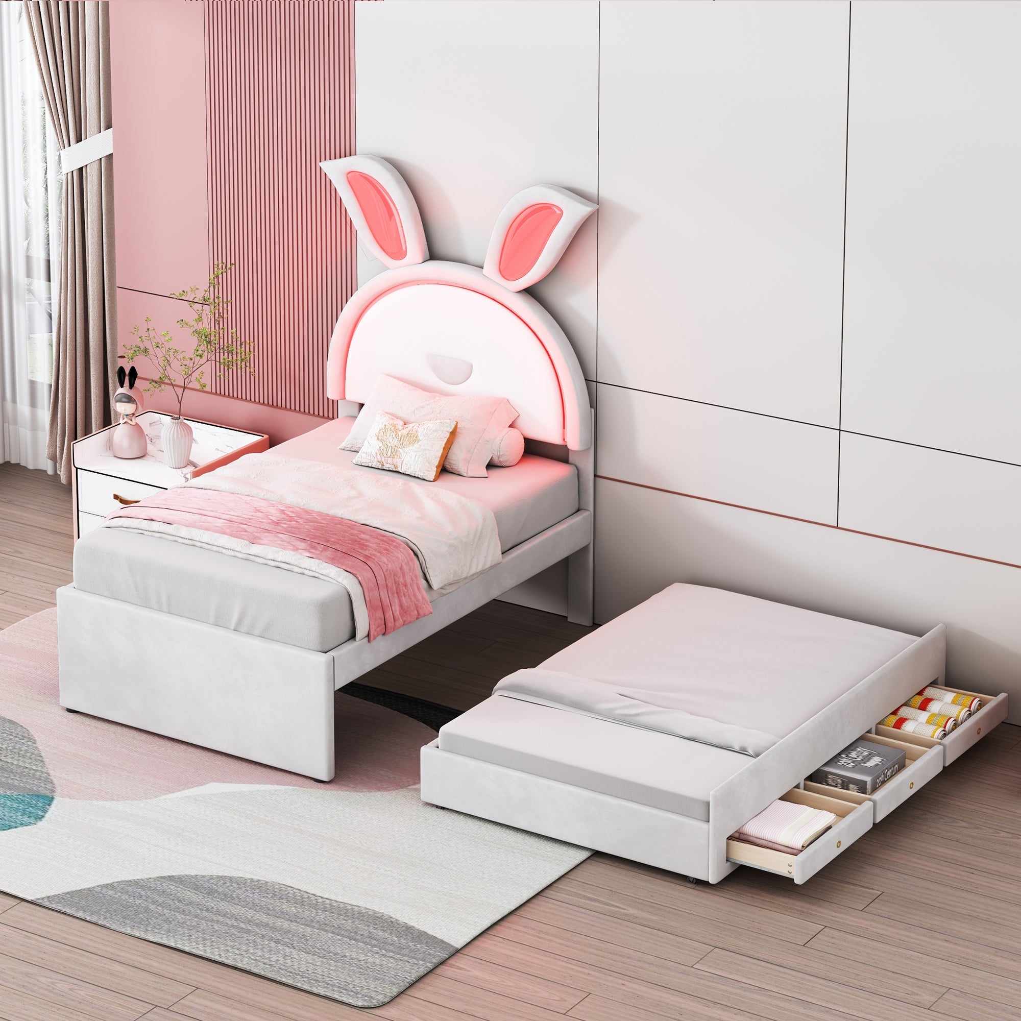 Children's Bed Upholstered Sofa with Pull-Out, Storage & LED Light, Beige Velvet