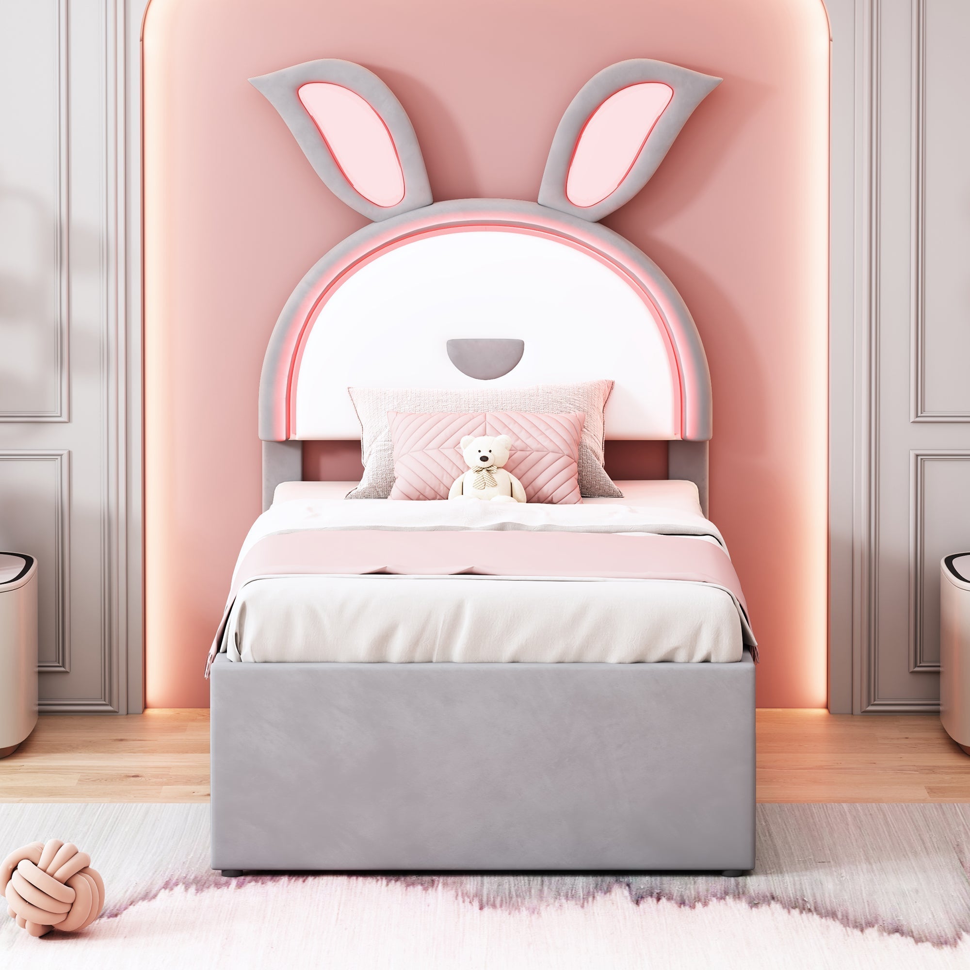 Children's Bed, Upholstered Sofa with Pull-Out, Storage & LED, Gray Velvet