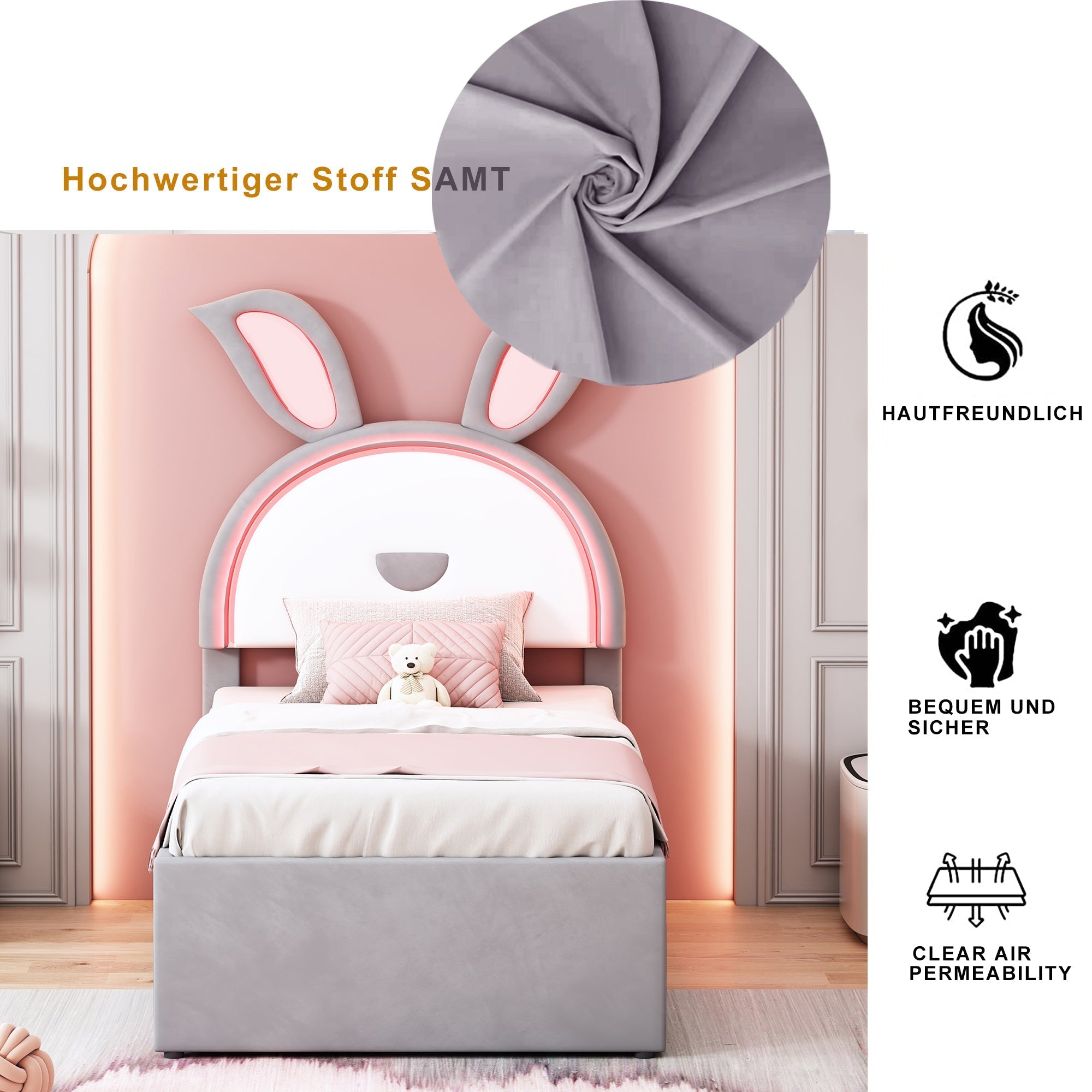 Children's Bed, Upholstered Sofa with Pull-Out, Storage & LED, Gray Velvet