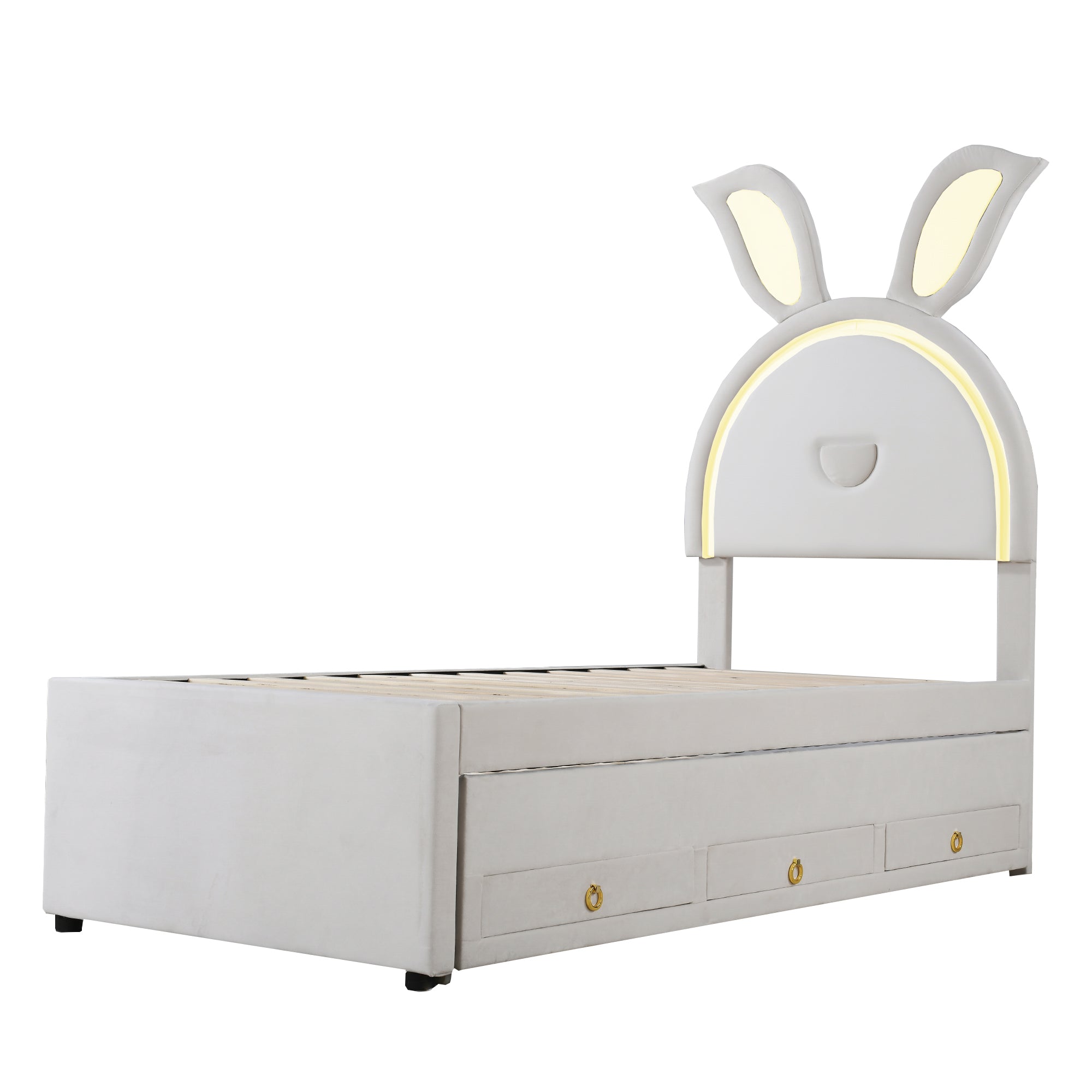 Children's Bed Upholstered Sofa with Pull-Out, Storage & LED Light, Beige Velvet