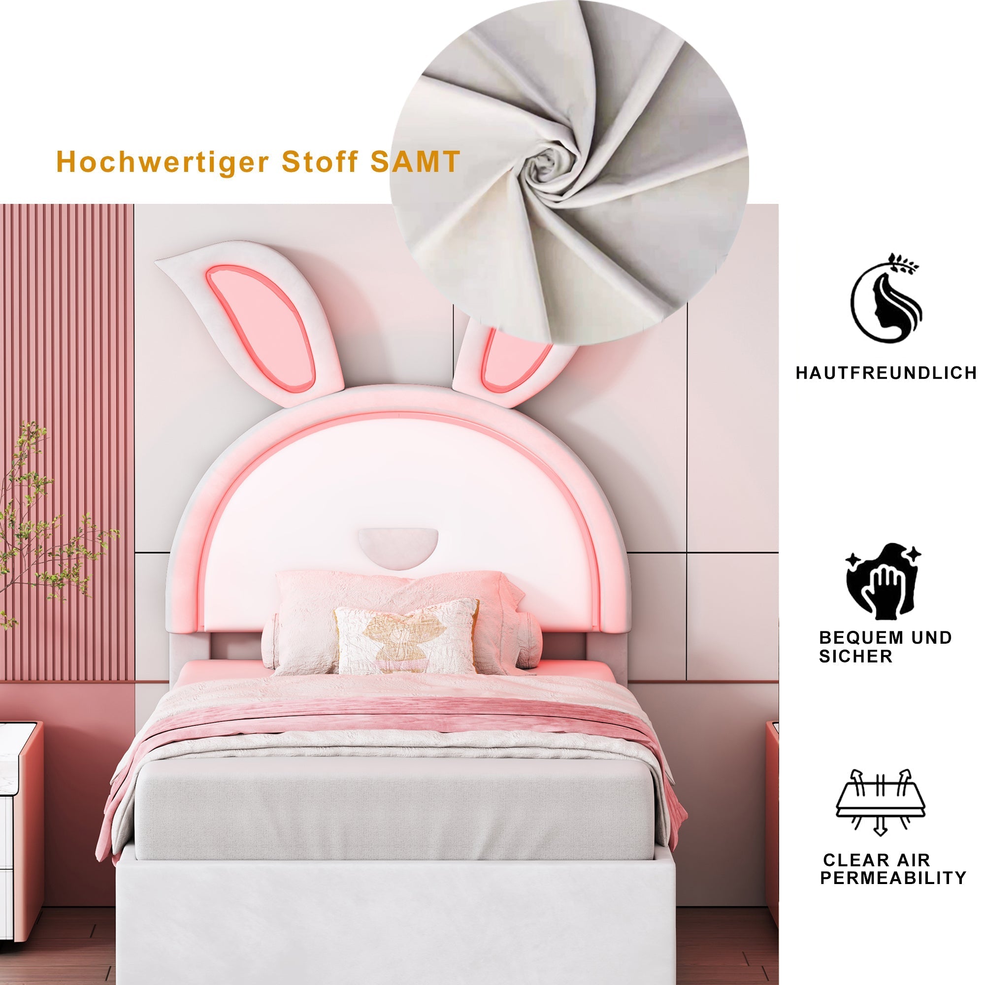 Children's Bed Upholstered Sofa with Pull-Out, Storage & LED Light, Beige Velvet