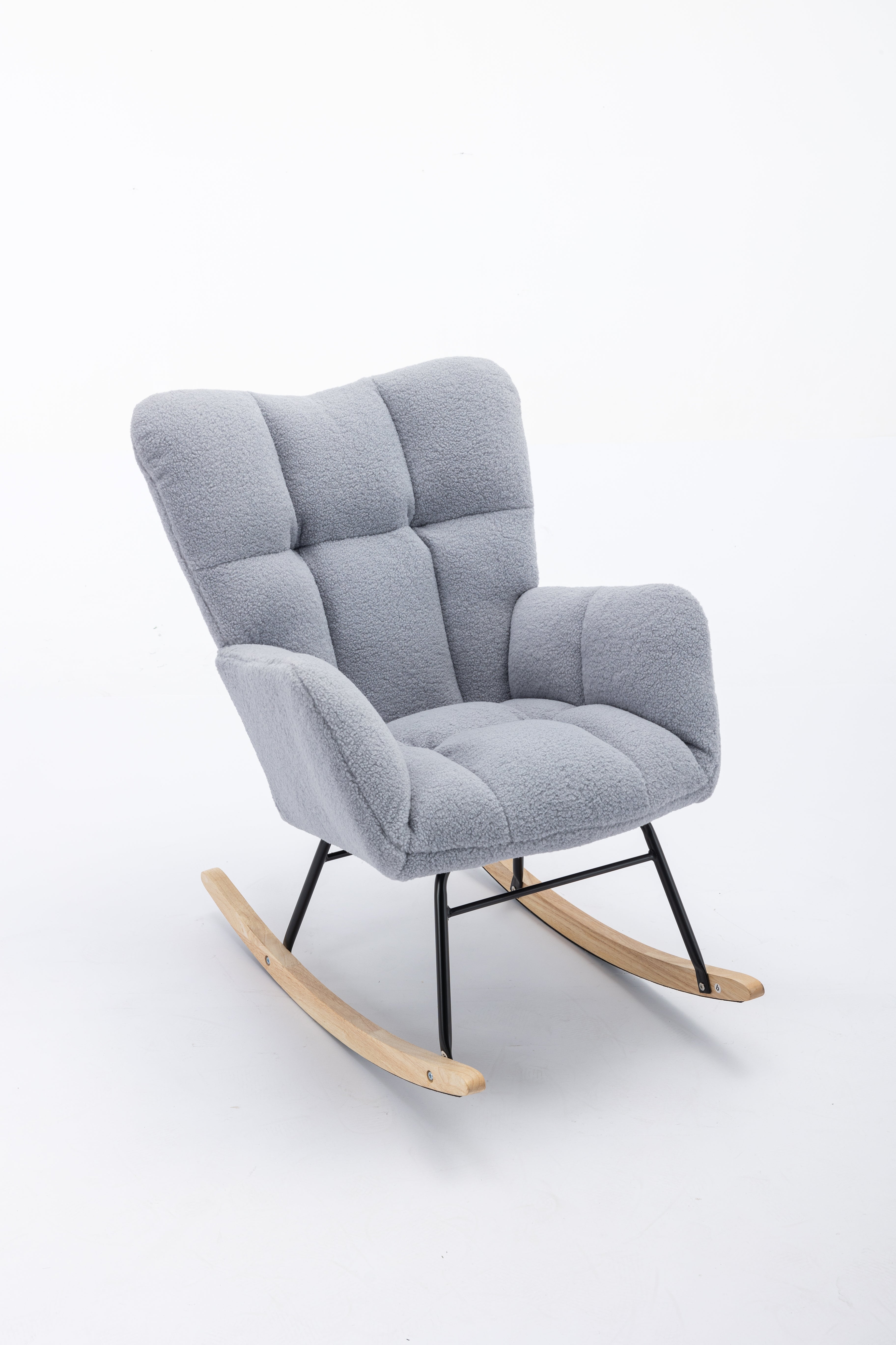 Mid Century Modern Teddy Fabric Tufted Upholstered Rocking Chair Padded Seat, Light Grey