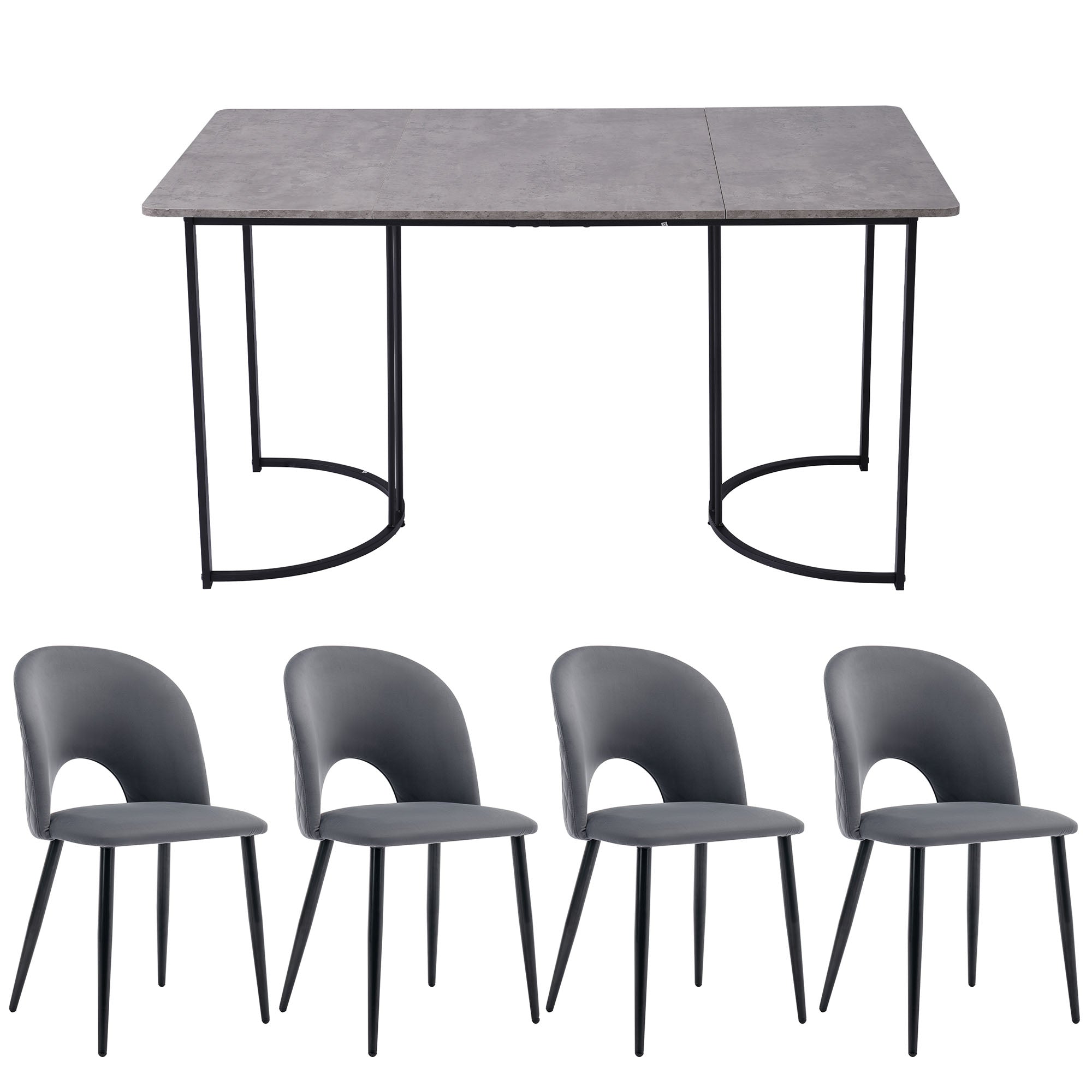 Dining Set, 140x80cm with 4 Velvet Chairs, Gray MDF & Black Legs