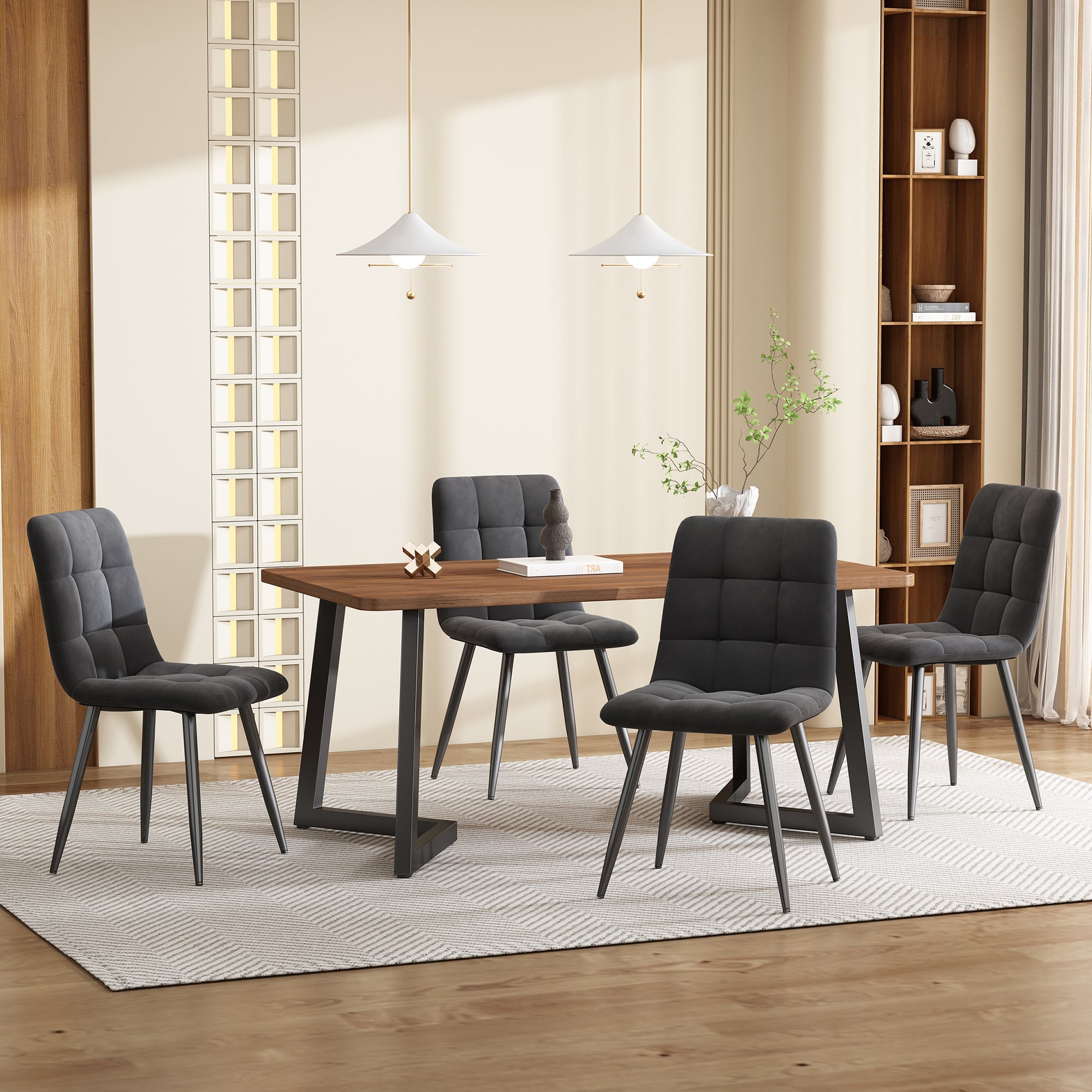 Dining Set 5-Piece Modern Kitchen Table 4 Chairs Black Metal Legs Walnut MDF Dark Grey Velvet