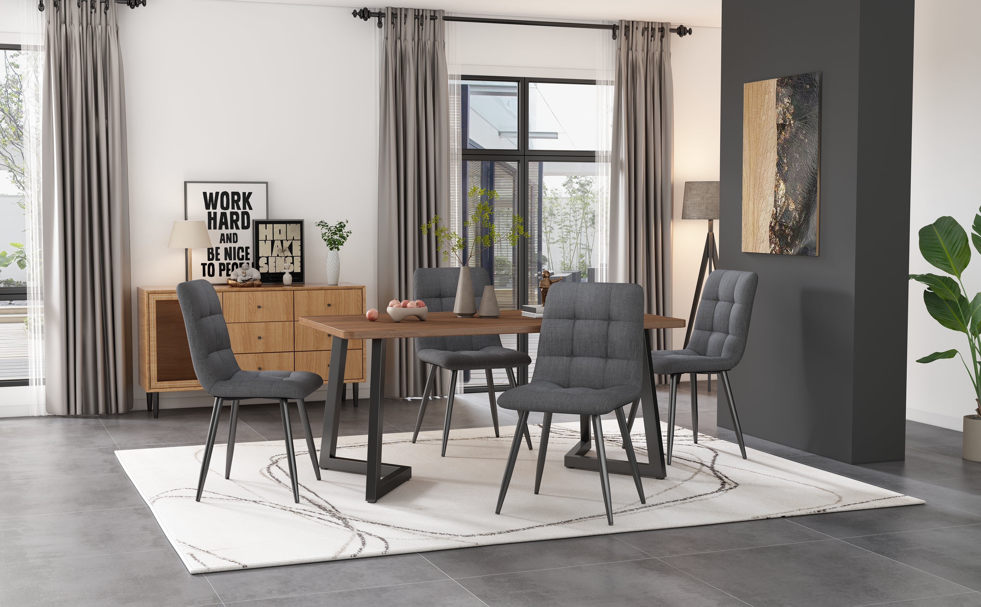 Dining Table 117x68cm Rectangular Wood Grain Metal Legs, Black/Walnut Color