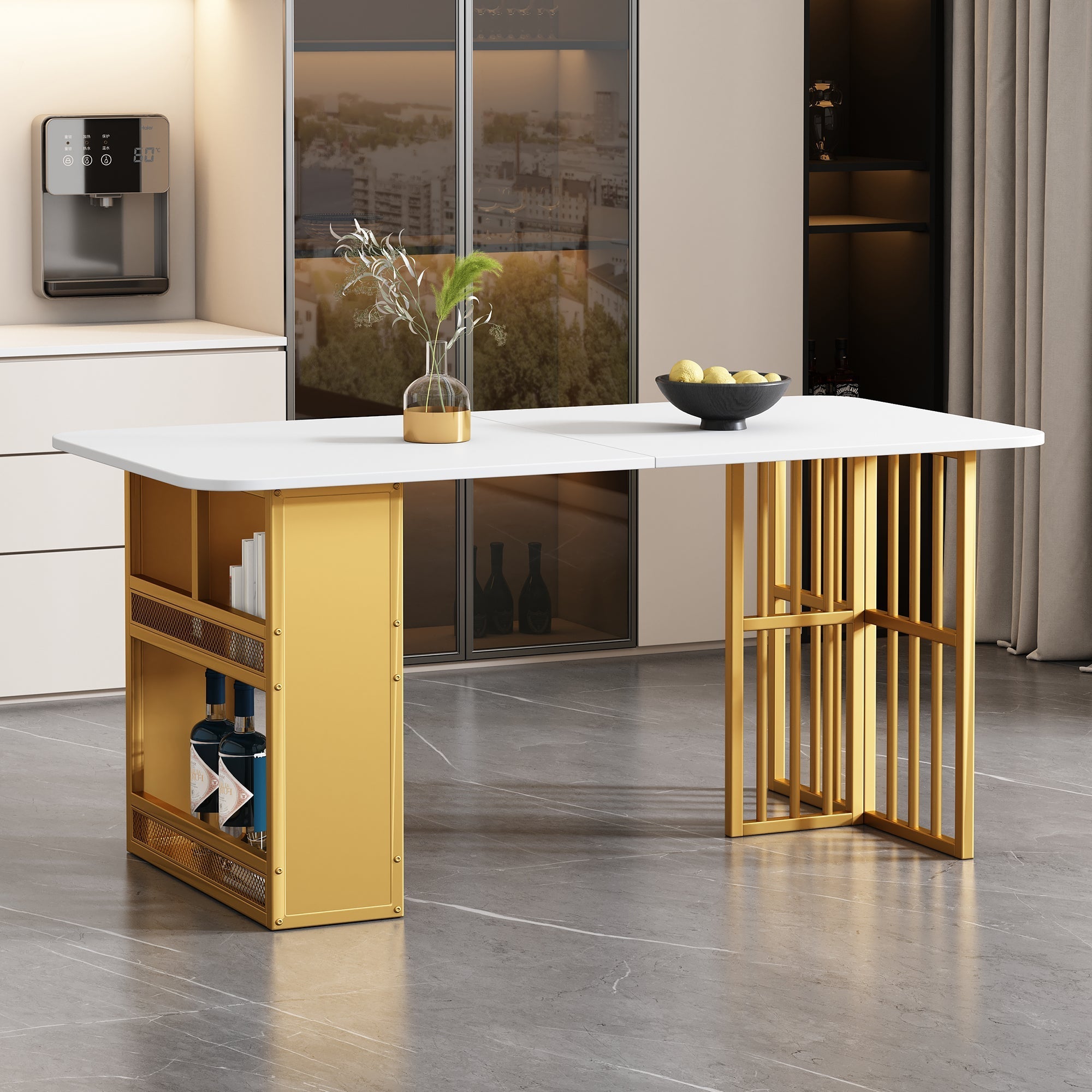 Dining Set with Rectangular Table and 6 Chairs, Steel Frame, White and Gold
