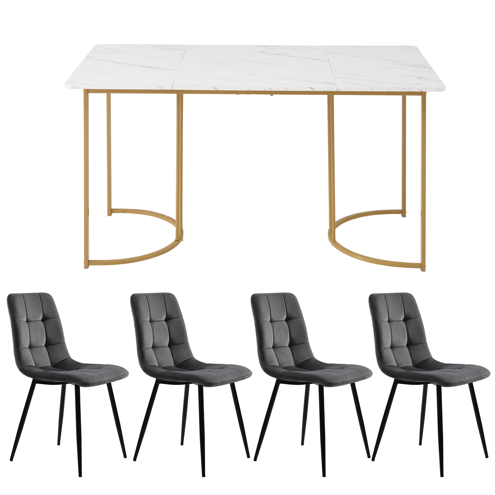 Dining Set 5-Piece Modern Kitchen Table 140x80cm Gold Metal Legs White & Dark Grey Velvet