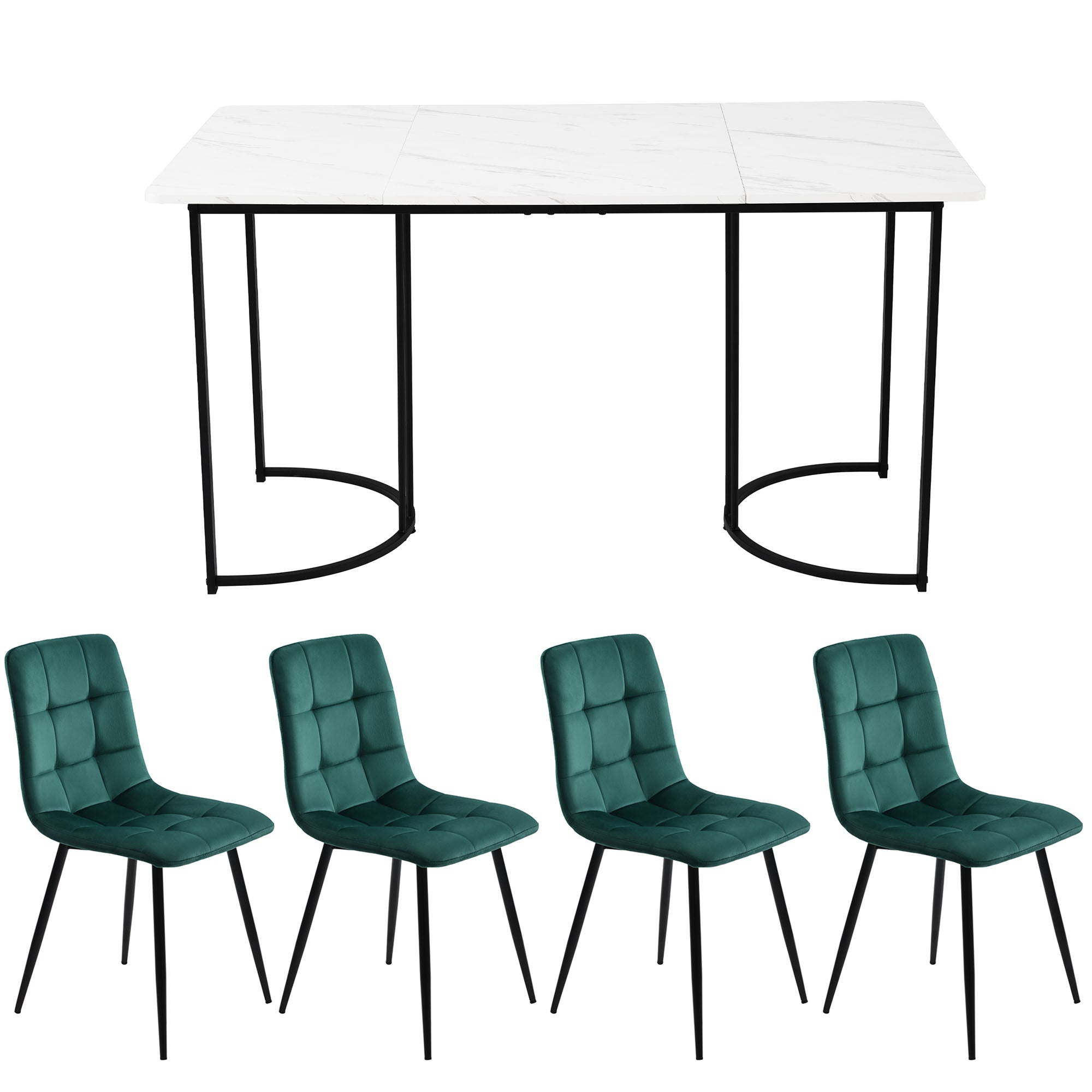 Dining Set 5-Piece 140x80cm Table White MDF Black Metal Legs Dark Green Velvet