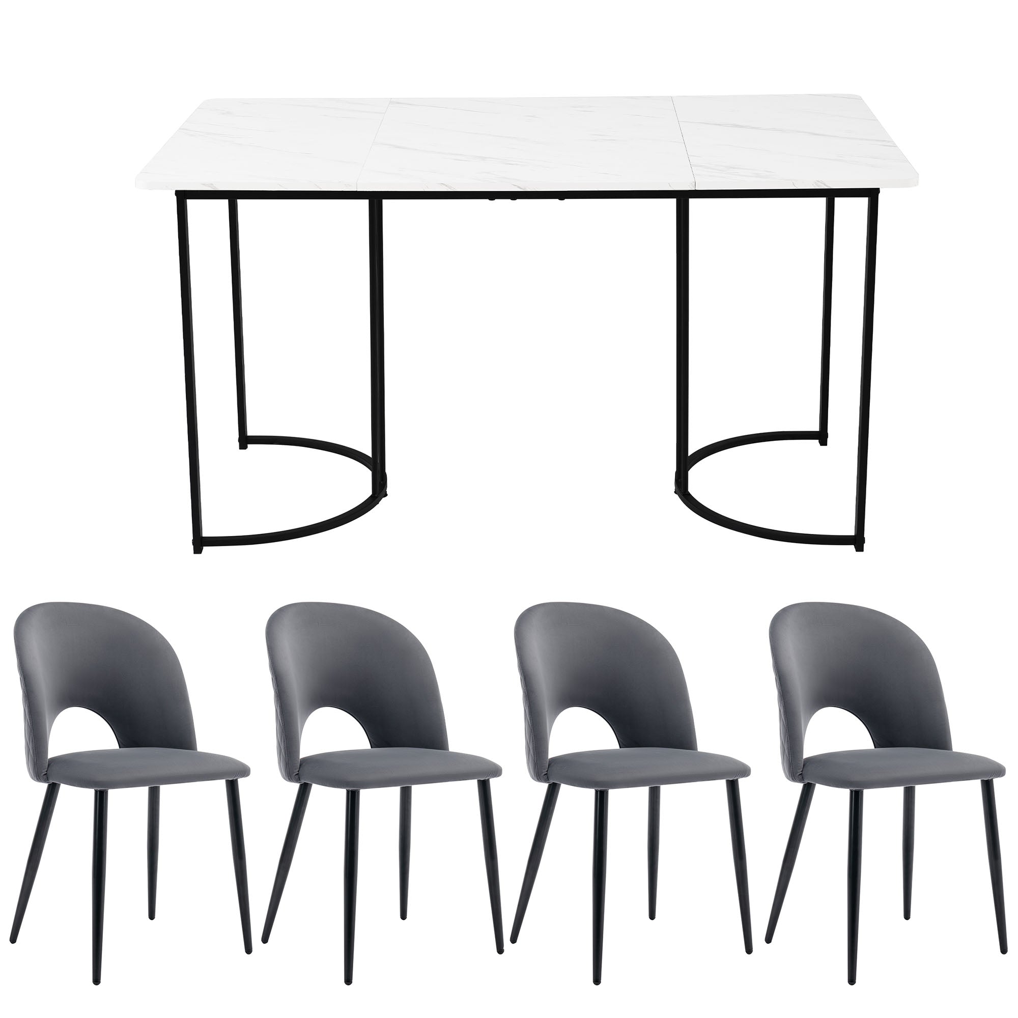 Dining Set, 140x80cm with 4 Chairs, Velvet, Gray/White/Black