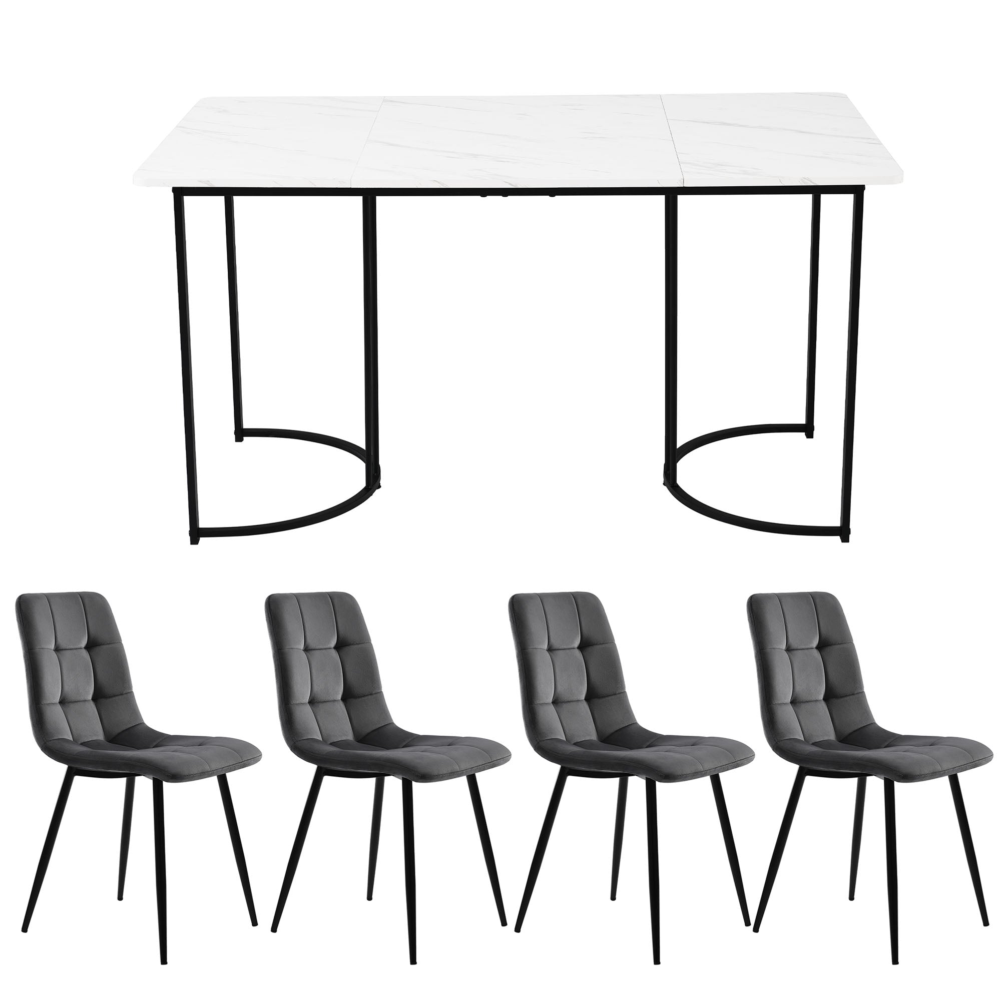 5-Piece Dining Set 140x80cm Modern Black Metal Legs White MDF Dark Grey Velvet Chairs