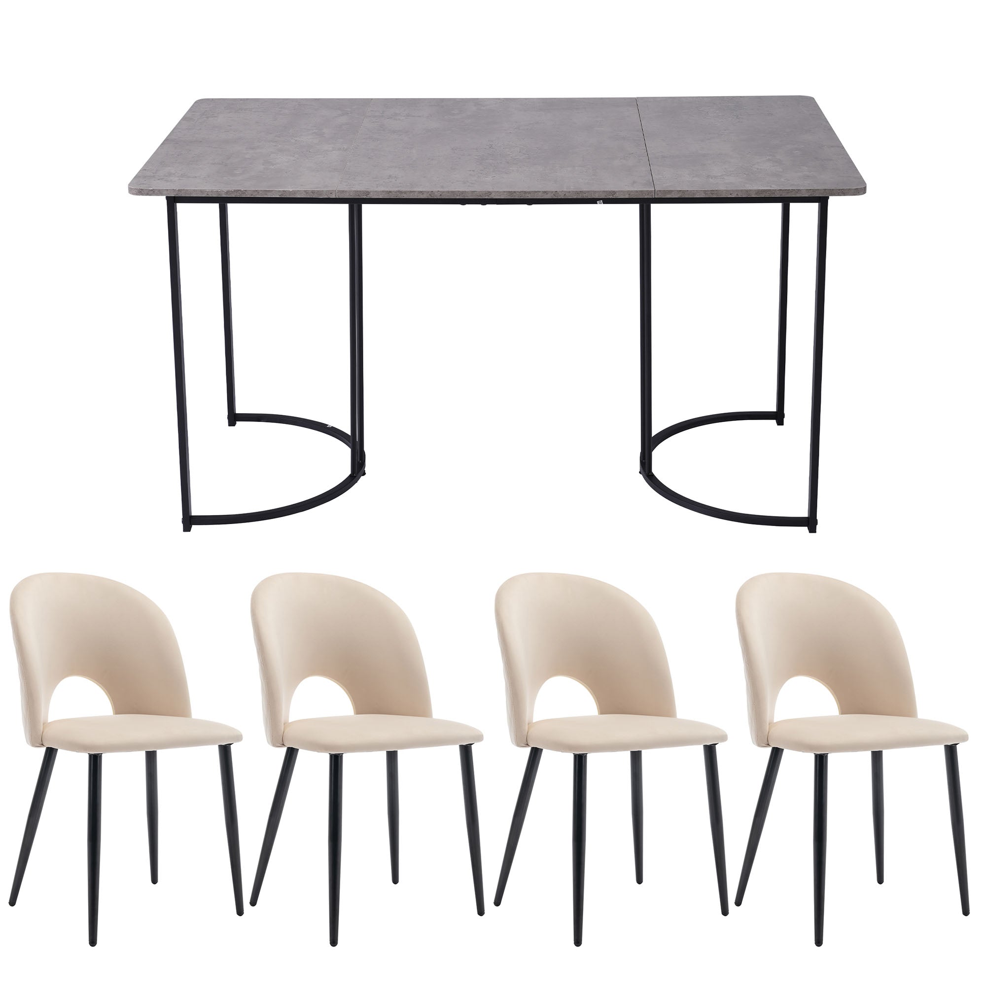 Dining Set, 140x80cm Table with 4 Velvet Chairs, Beige & Gray