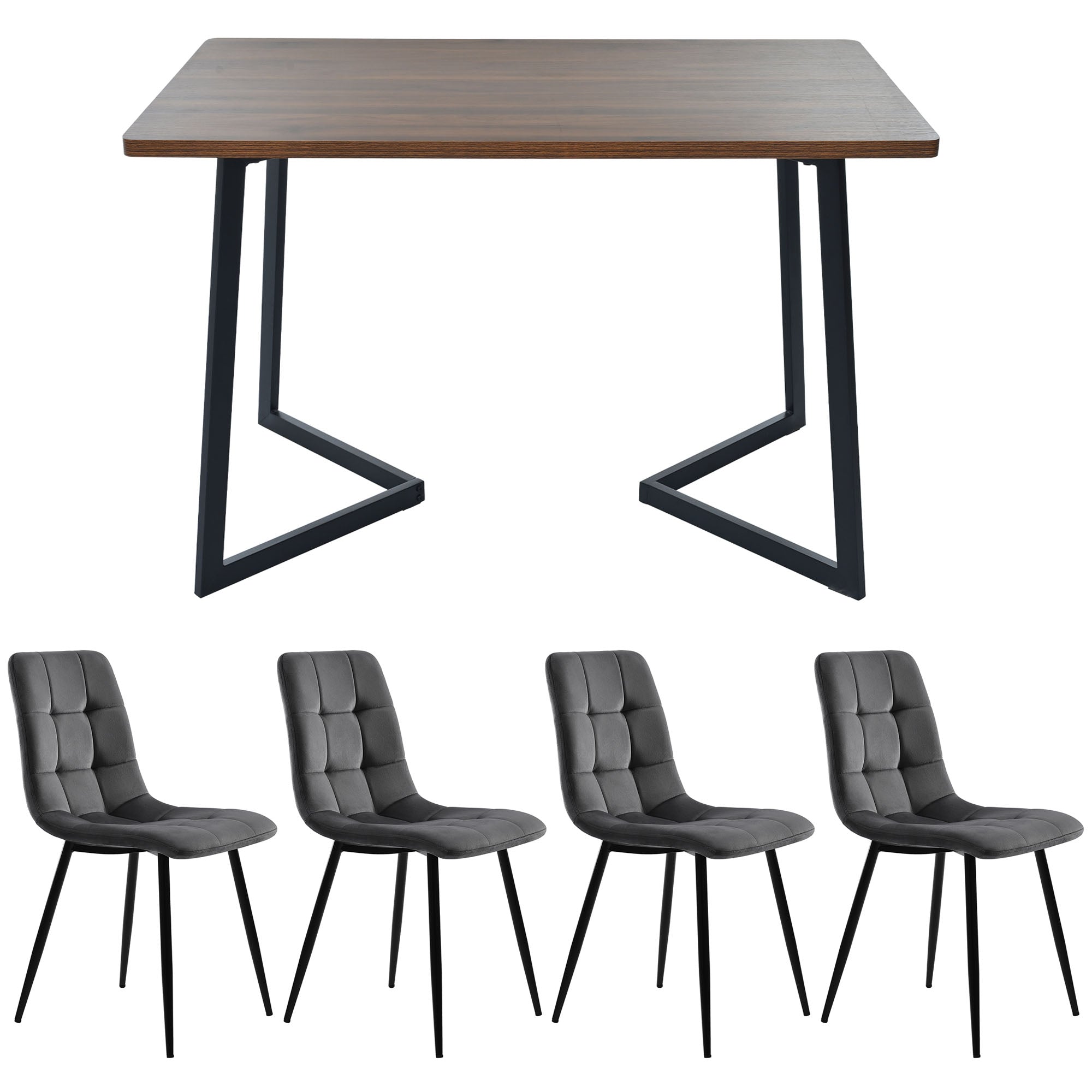 Dining Set 5-Piece Modern Kitchen Table 4 Chairs Black Metal Legs Walnut MDF Dark Grey Velvet