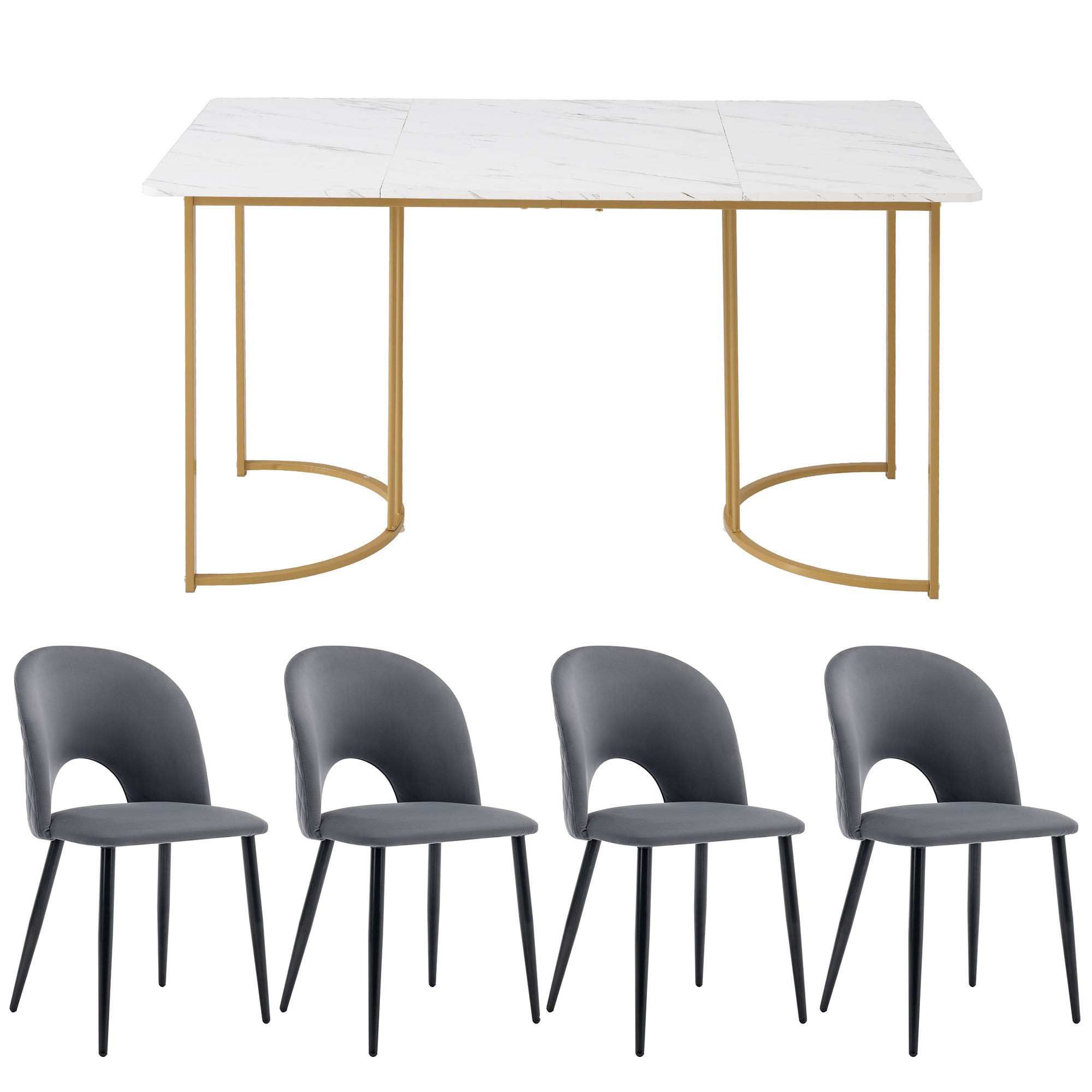 Dining Set, 140x80cm Table with 4 Chairs, Velvet Gray & White MDF