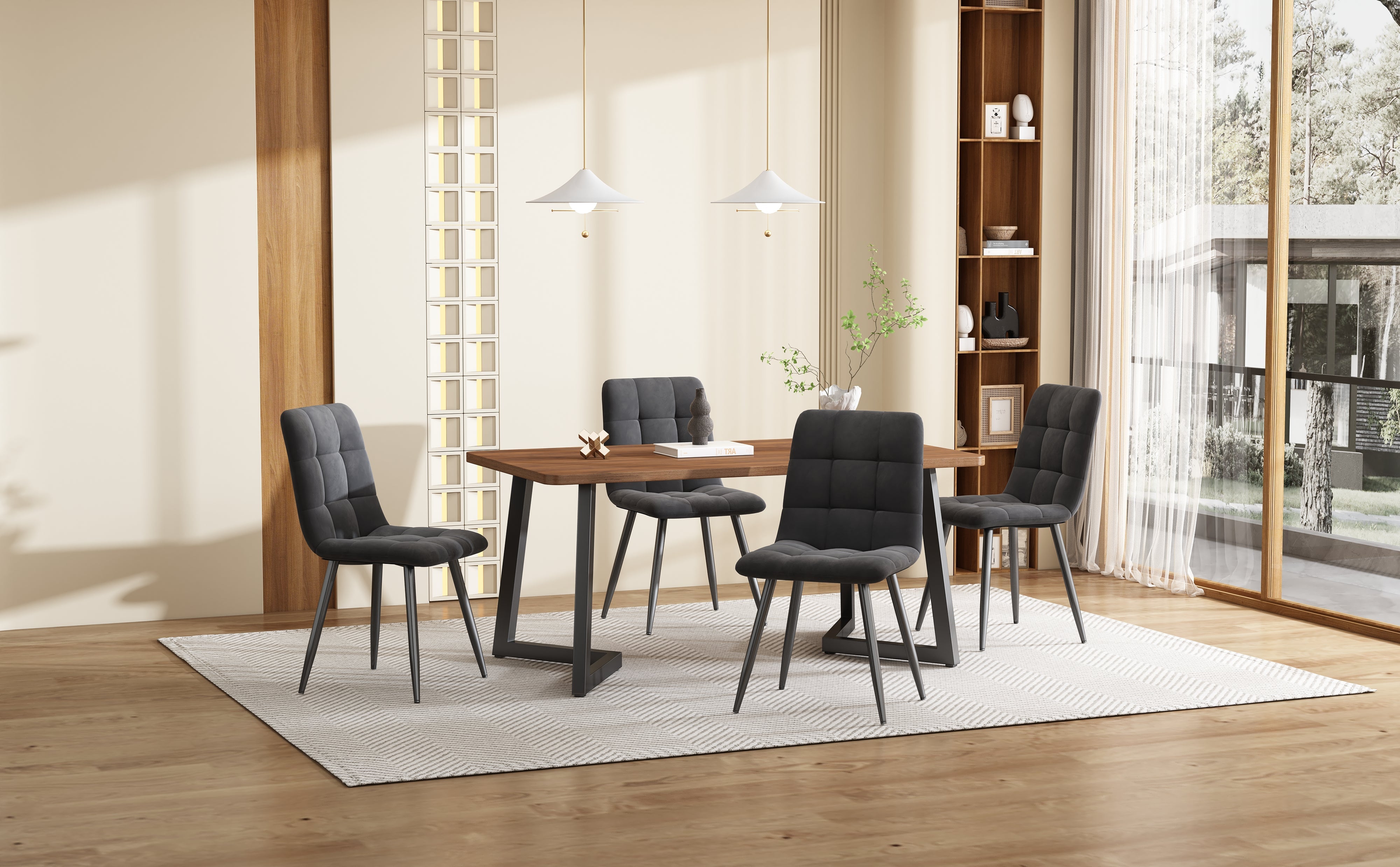 Dining Set 5-Piece Modern Kitchen Table 4 Chairs Black Metal Legs Walnut MDF Dark Grey Velvet
