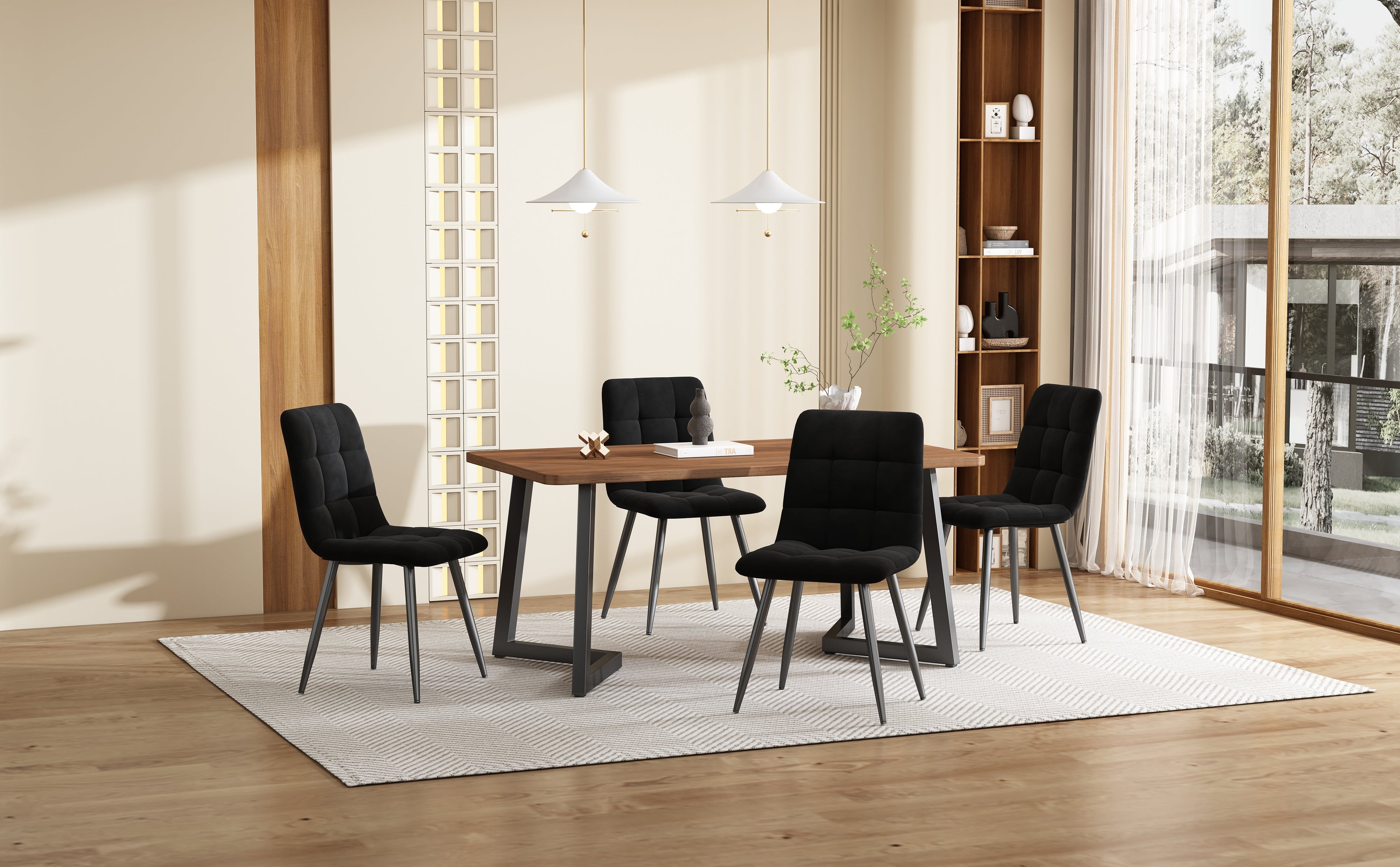 5-Piece Dining Set Modern Wood Grain Table Black Metal Legs Black Velvet