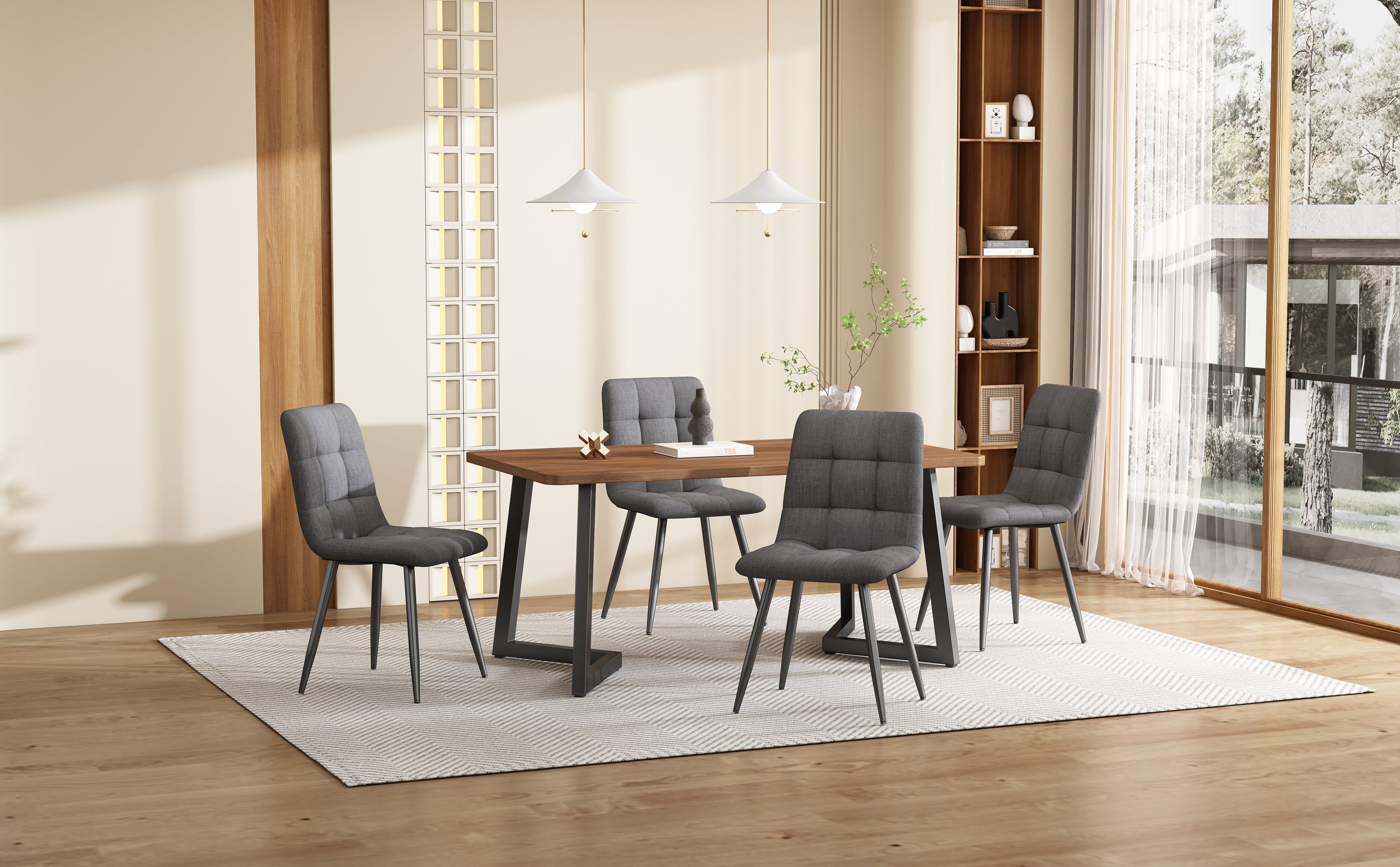 5-Piece Dining Set Modern Kitchen Table Wood Grain MDF, 4 Dark Gray Linen Chairs, Walnut/Black Metal