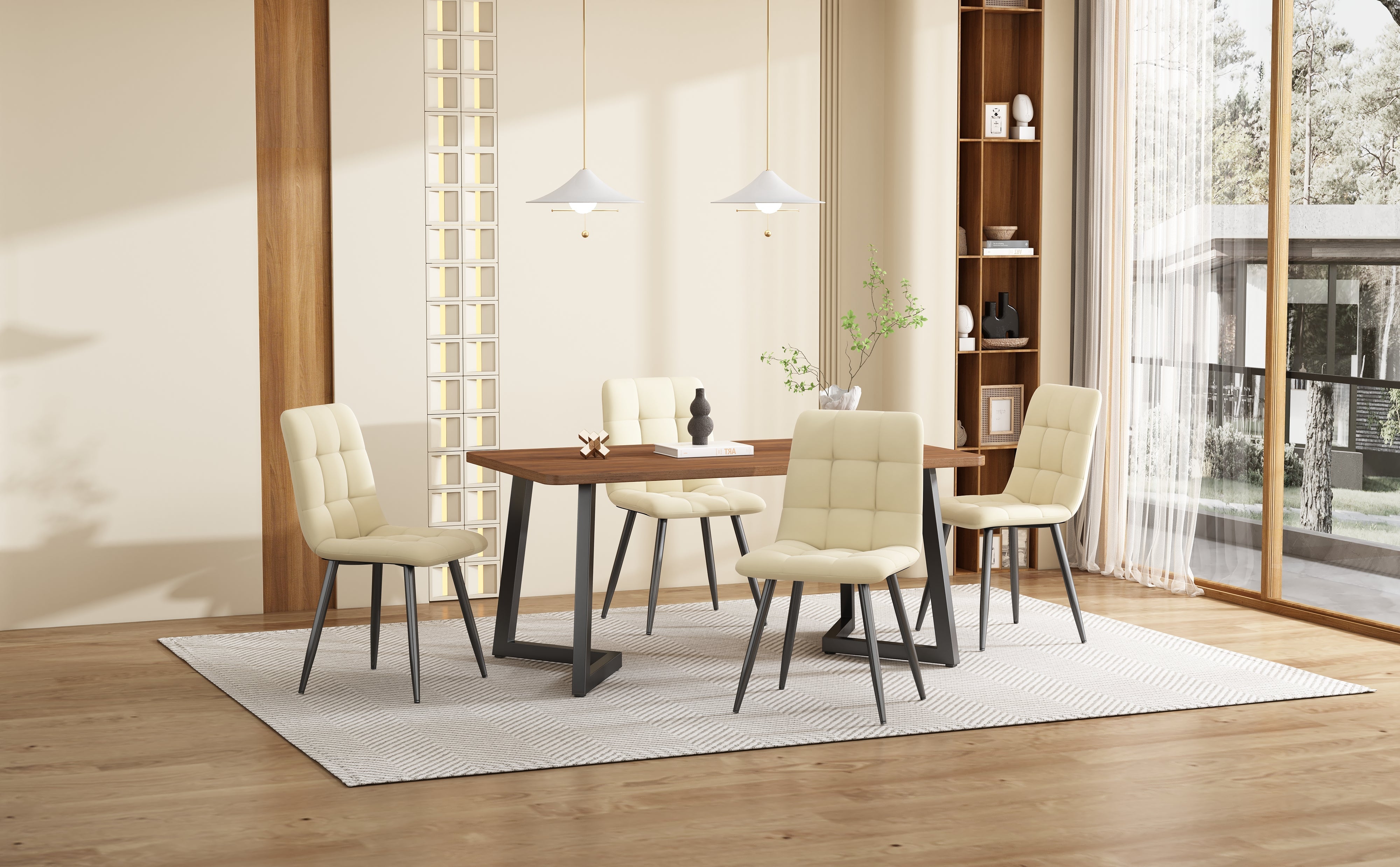 5-Piece Dining Set Modern Wood Grain Table 4 Chairs Black Metal Walnut/Beige Velvet