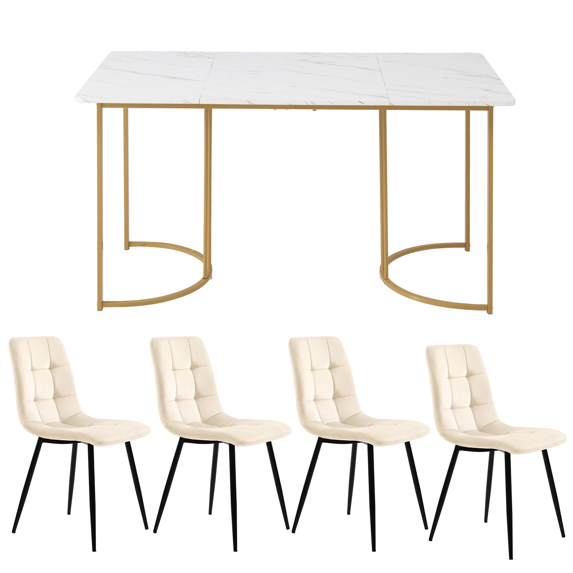 5-Piece Dining Set 140x80cm Modern Kitchen Table White MDF Beige Velvet