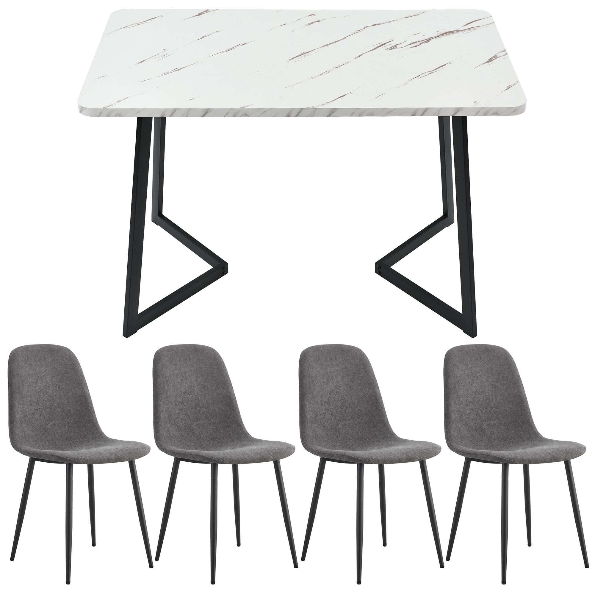 Dining Set (5-Piece) with 4 Modern Chairs, Metal Legs, Grey Linen/Black Table Legs