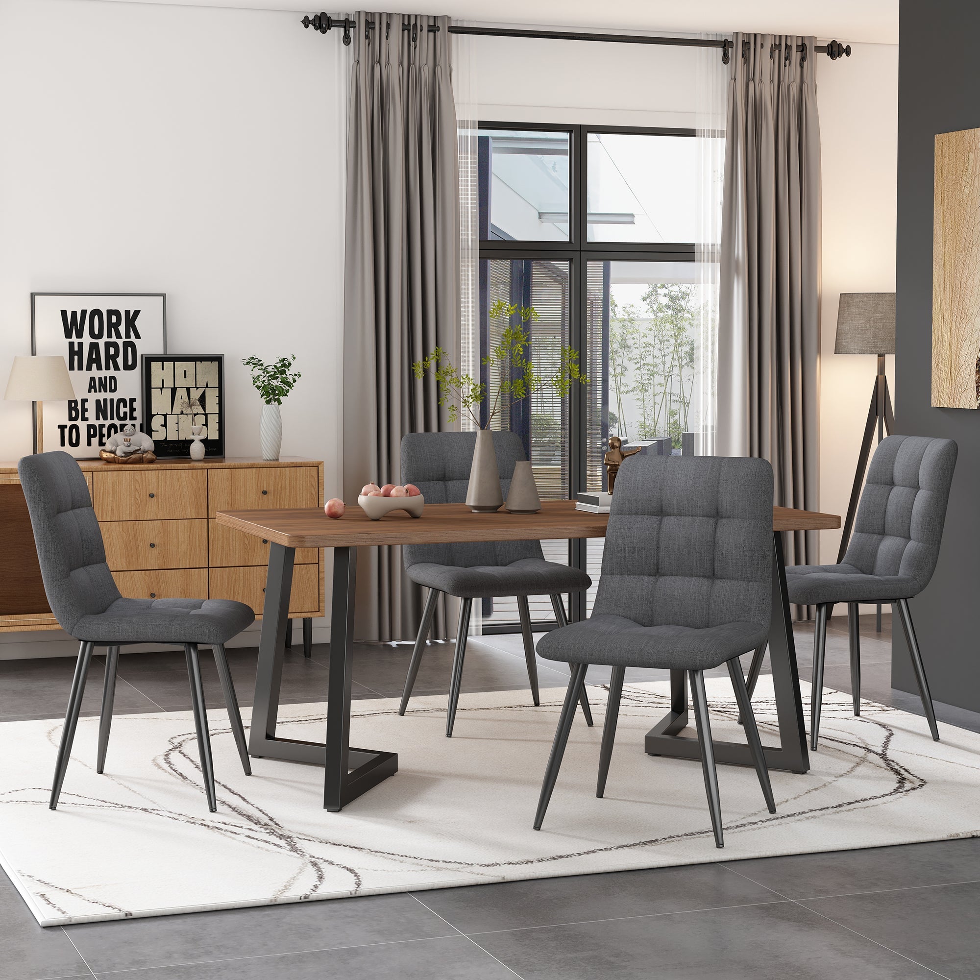 Dining Table 117x68cm Rectangular Wood Grain Metal Legs, Black/Walnut Color