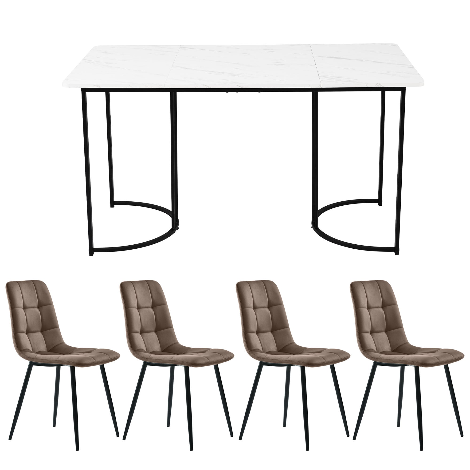 5-Piece Dining Set 140x80cm Modern Kitchen Table 4 Chairs White MDF/Brown Velvet