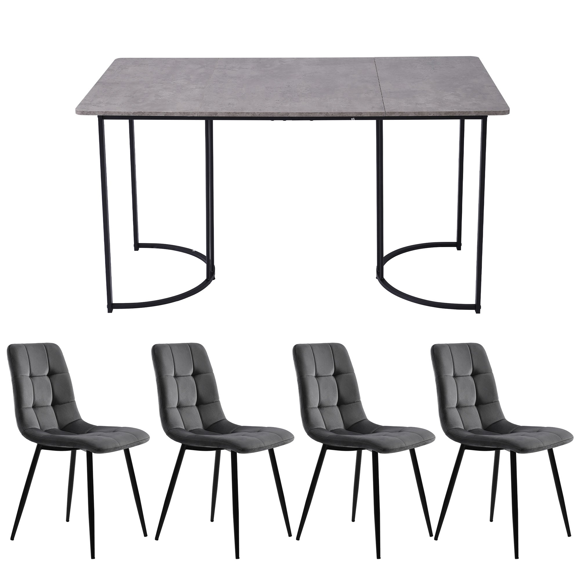 5-Piece Dining Set Modern 140x80cm Kitchen Table with Black Metal Legs Grey MDF Dark Grey Velvet