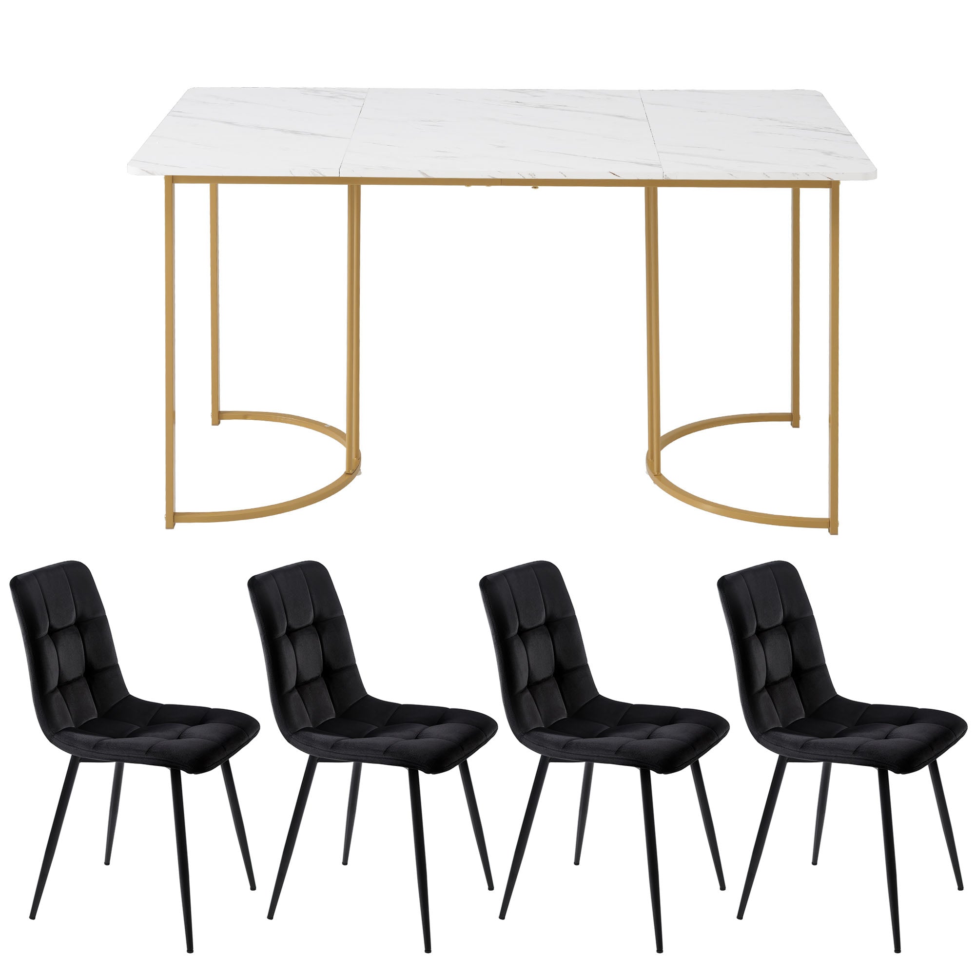5-Piece Dining Set 140x80cm Table 4 Chairs Gold Metal Legs White MDF/Black Velvet