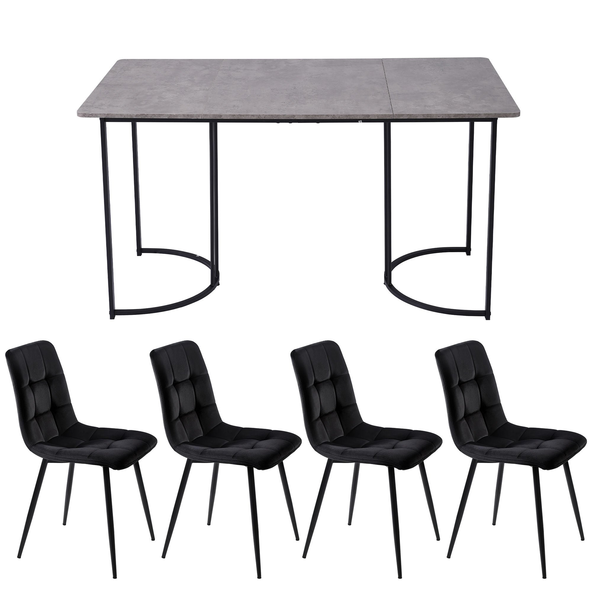 Dining Set 5-Piece, Modern 140x80cm Table Black Metal Legs & 4 Velvet Chairs, Grey/Black MDF