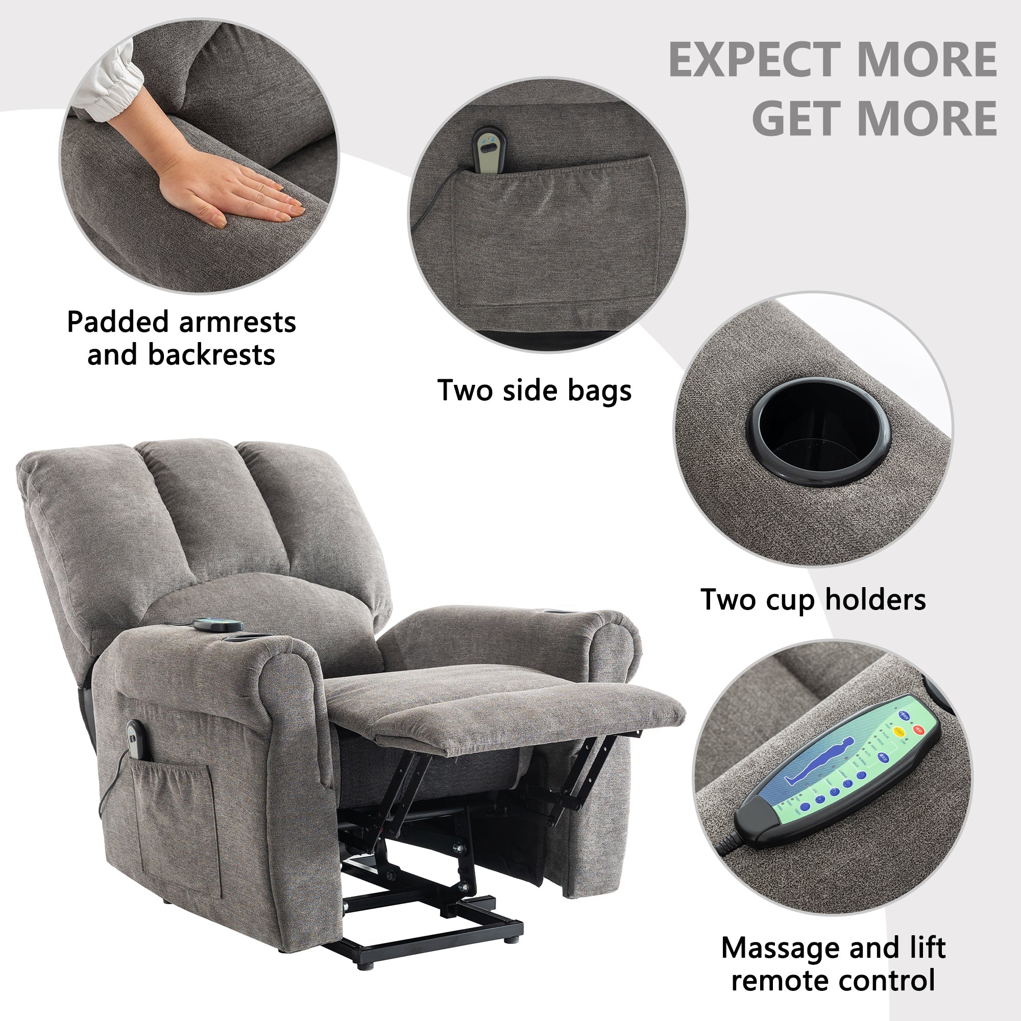 Senior Chair - Electric Lift, Single Motor, Heated Massage, Stand Assist, Storage Pockets, Cup Holders, Grey