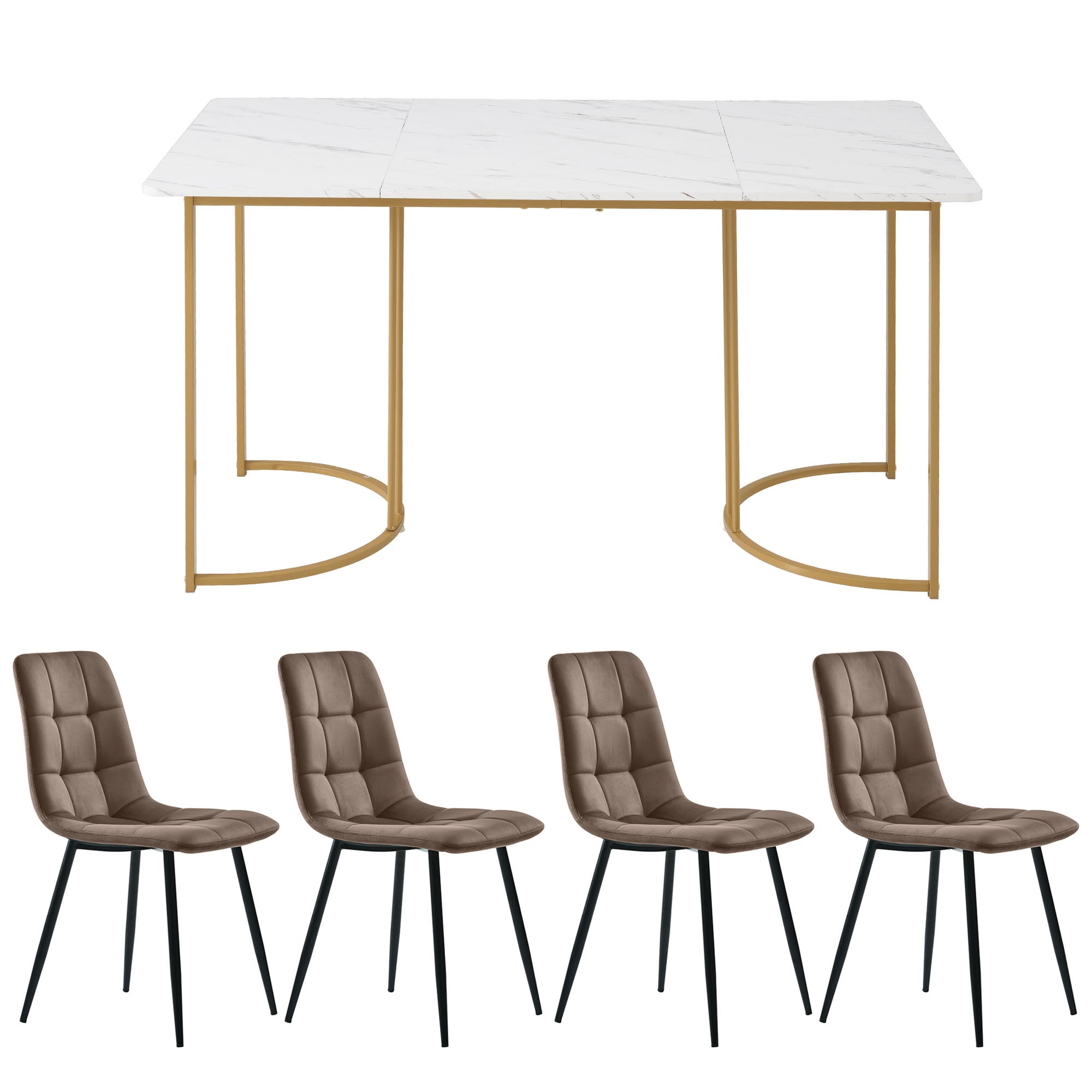 5-Piece Dining Set Modern 140x80cm Table 4 Chairs Gold Legs White MDF Brown Velvet