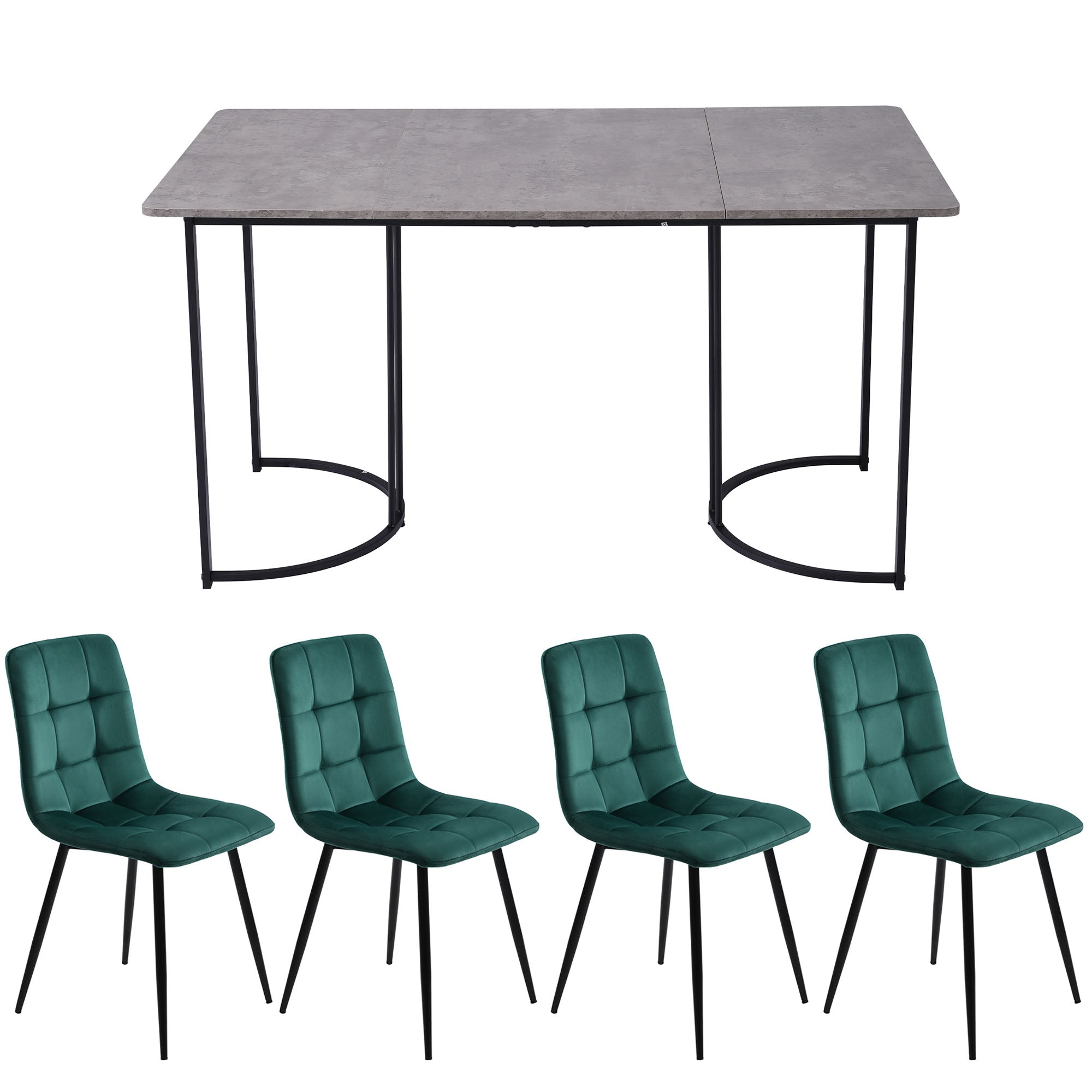 5-Piece Dining Set Modern 140x80cm Table Black Metal Legs - Grey MDF Dark Green Velvet