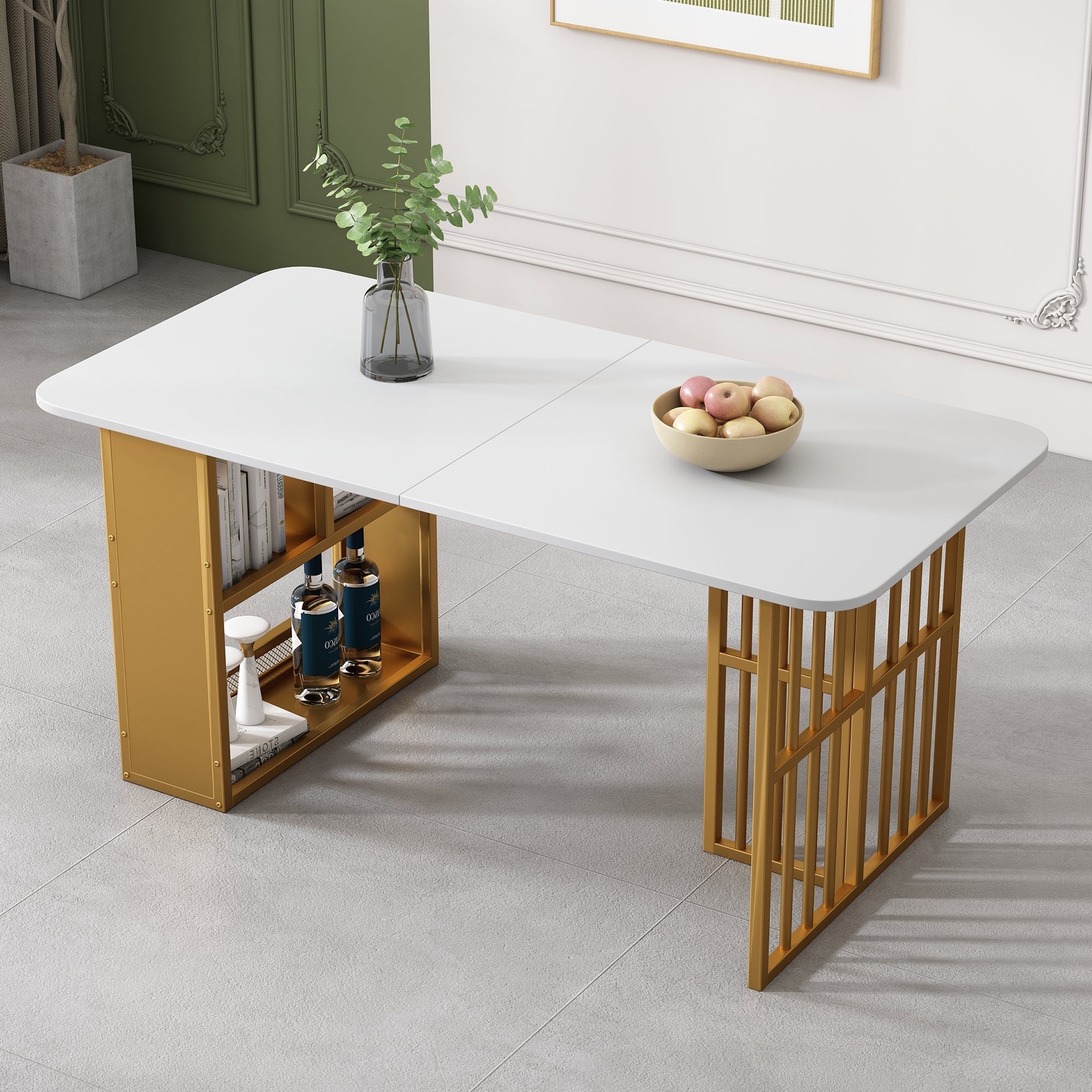 Dining Set with Rectangular Table and 6 Chairs, Steel Frame, White and Gold
