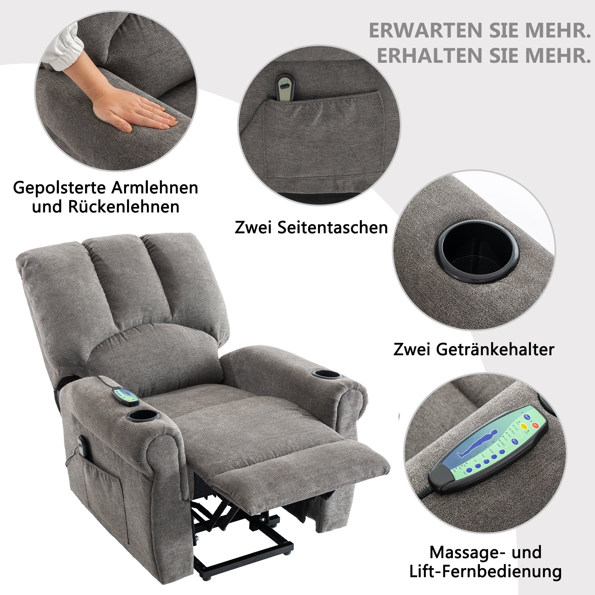 Senior Chair - Electric Lift, Single Motor, Heated Massage, Stand Assist, Storage Pockets, Cup Holders, Grey
