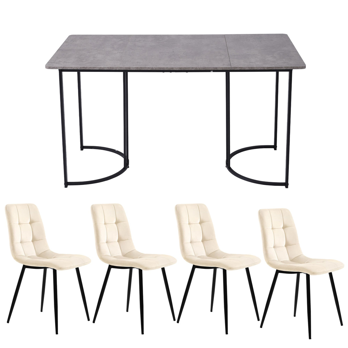 5-Piece Dining Set 140x80cm Table 4 Chairs Grey MDF Beige Velvet