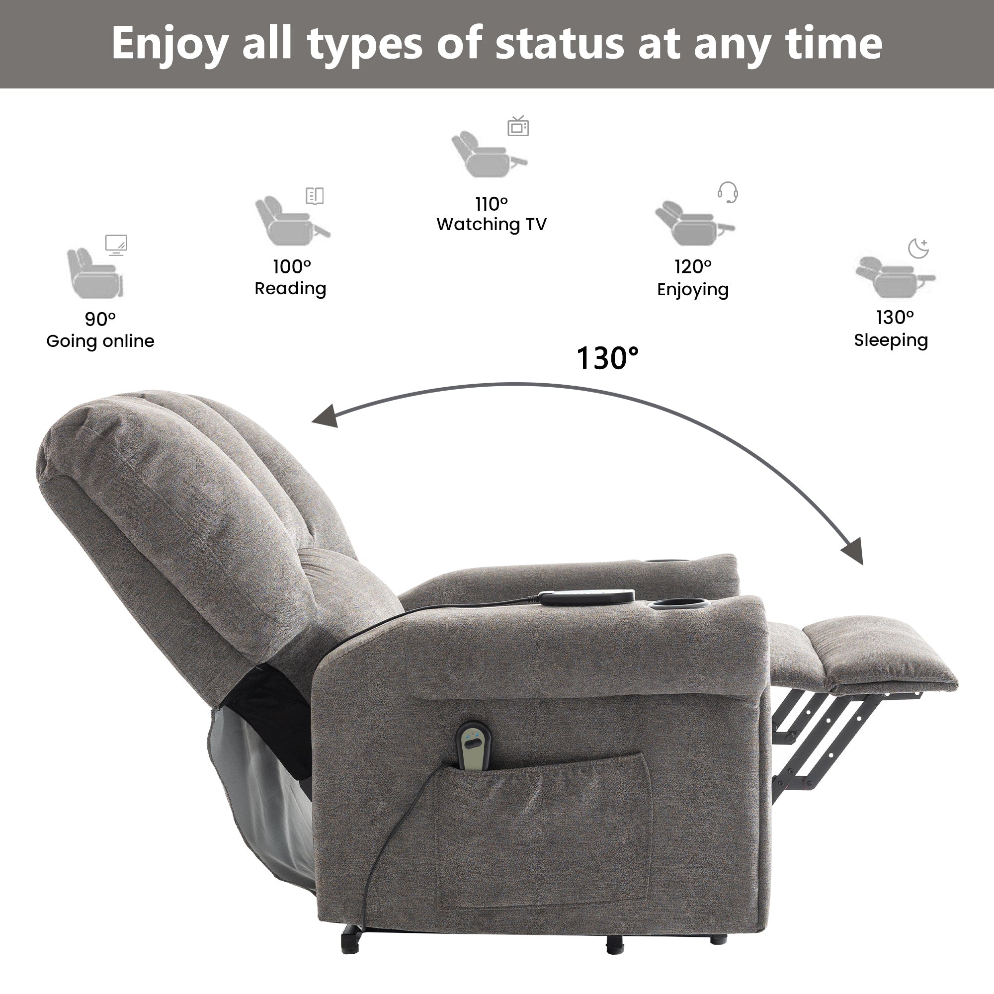 Senior Chair - Electric Lift, Single Motor, Heated Massage, Stand Assist, Storage Pockets, Cup Holders, Grey