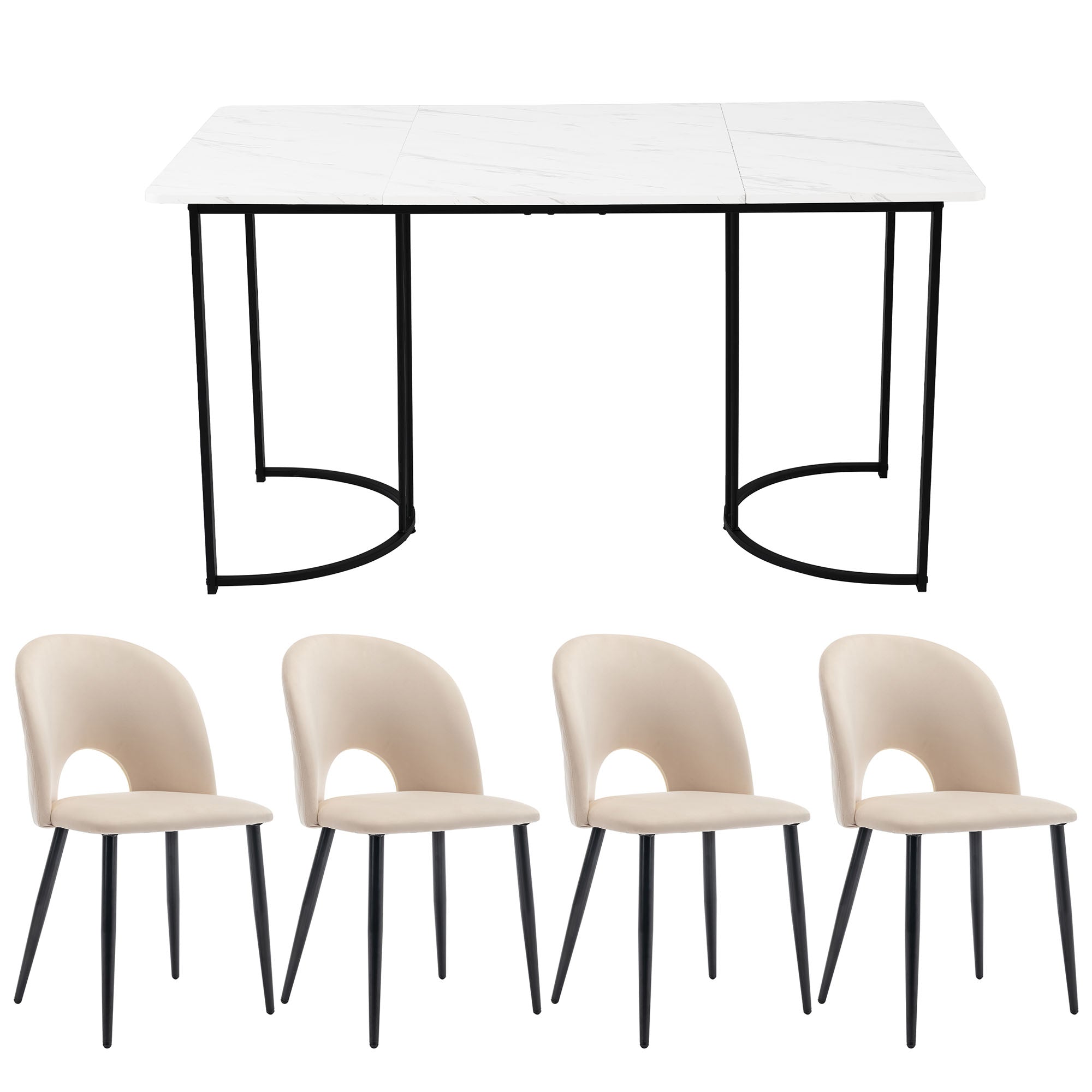 Dining Set, 140x80cm Table with 4 Chairs, Beige Velvet & White MDF