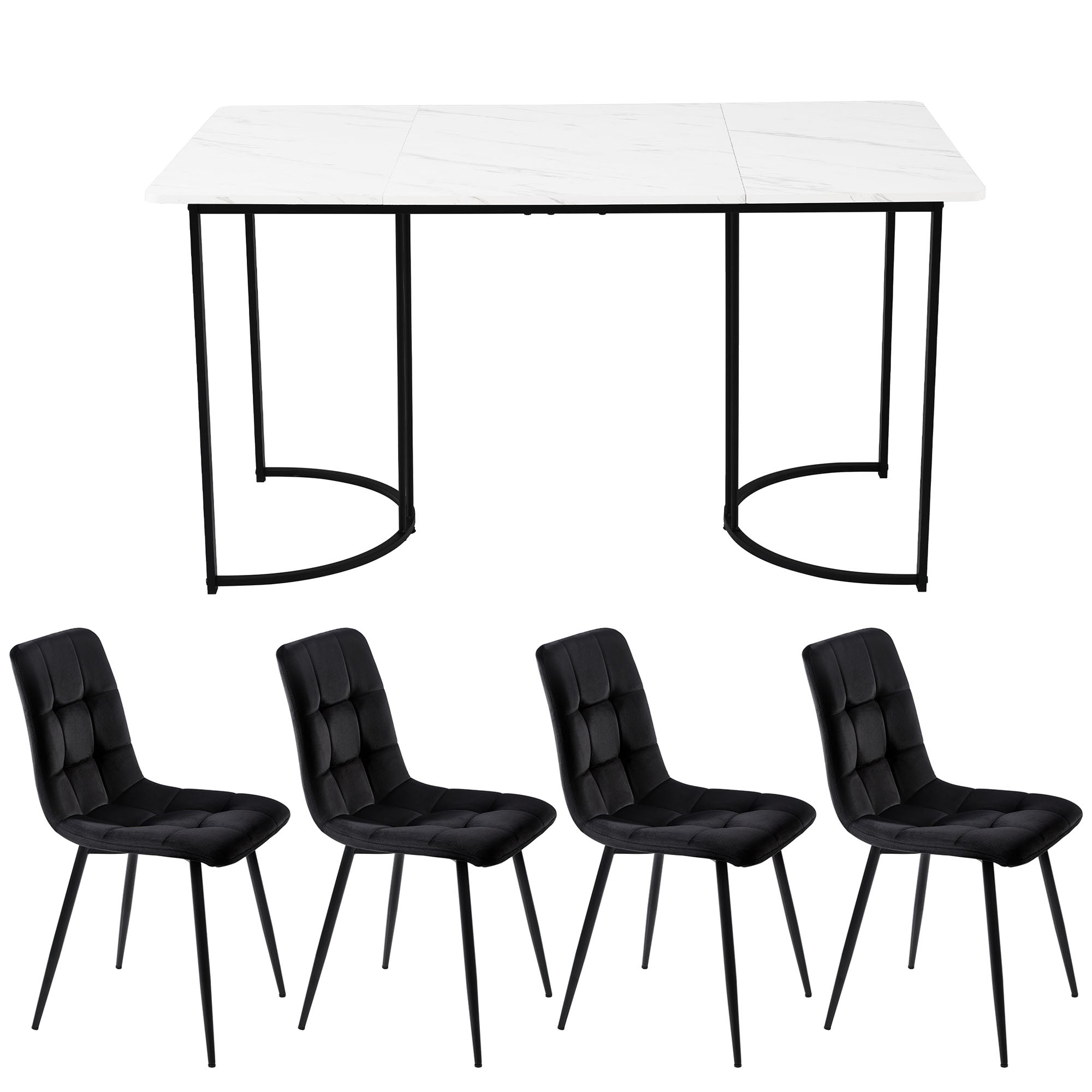 5-Piece Dining Set Modern 140x80cm Black Metal Legs White MDF/Black Velvet