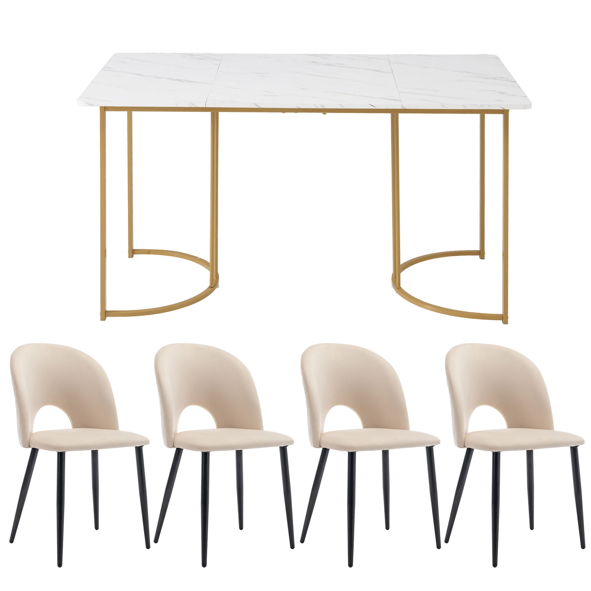 Dining Set, 140×80cm with 4 Chairs, Velvet & MDF, Beige/White/Gold