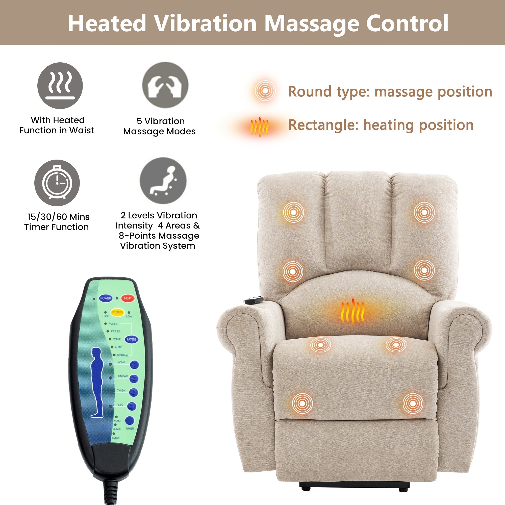 Power Lift Geriatric Recliner Chair with Single Motor, Heated Massage, Standing Assist, Storage Bag & Cup Holder in Beige