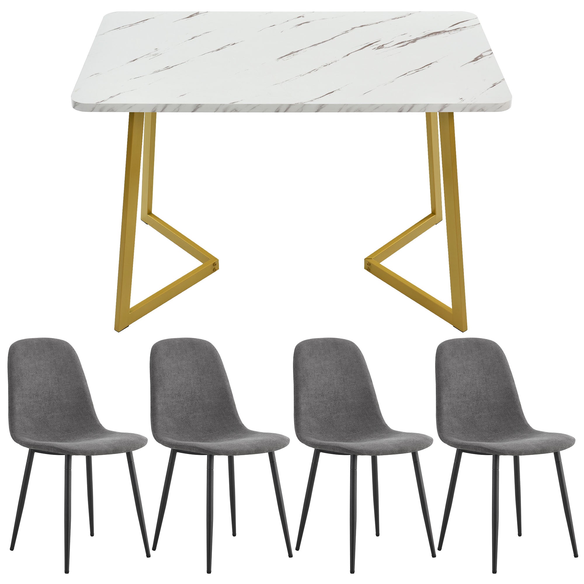 5-Piece Dining Set Modern Kitchen Table with 4 Chairs, Grey Linen & Gold