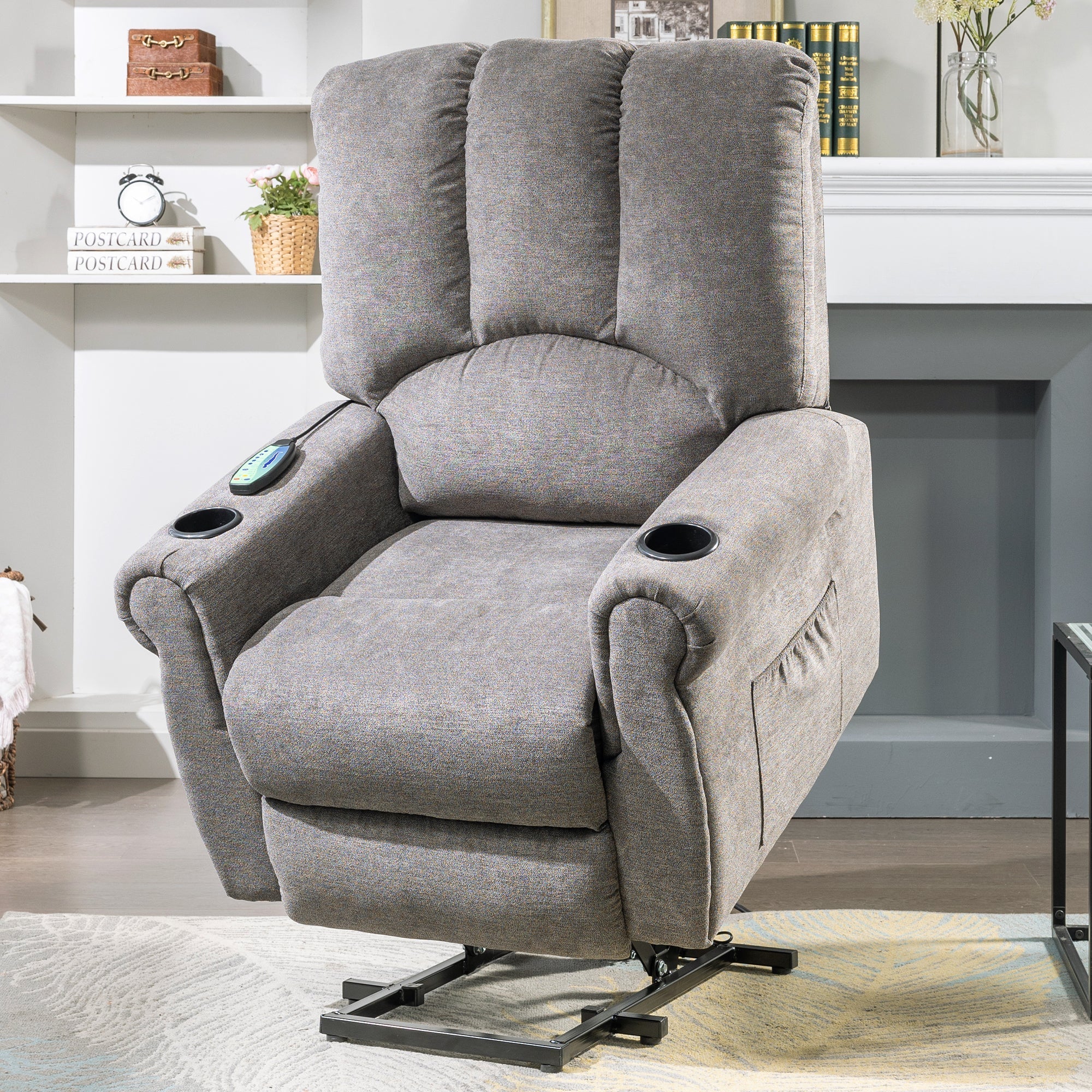 Senior Chair - Electric Lift, Single Motor, Heated Massage, Stand Assist, Storage Pockets, Cup Holders, Grey