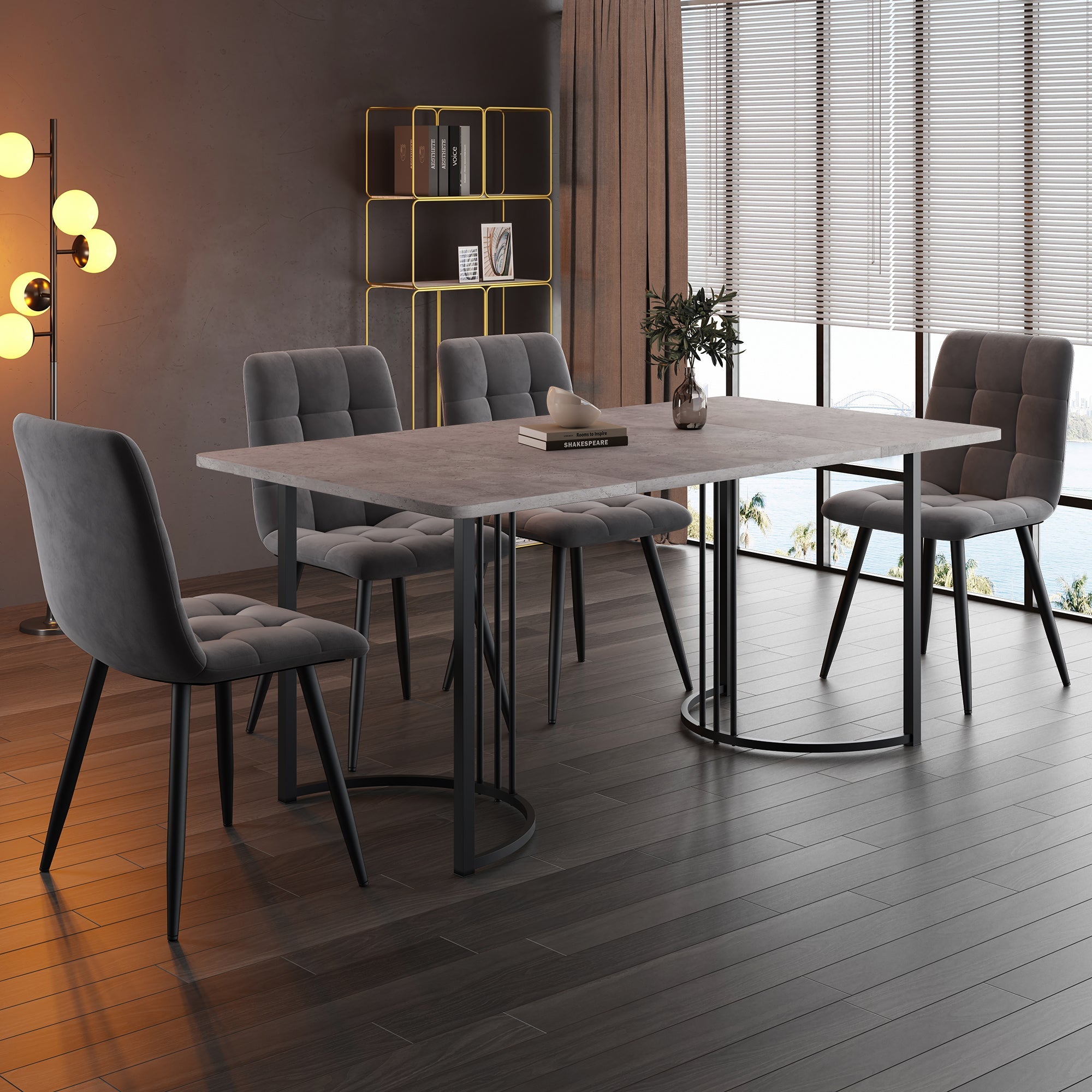 5-Piece Dining Set Modern 140x80cm Kitchen Table with Black Metal Legs Grey MDF Dark Grey Velvet