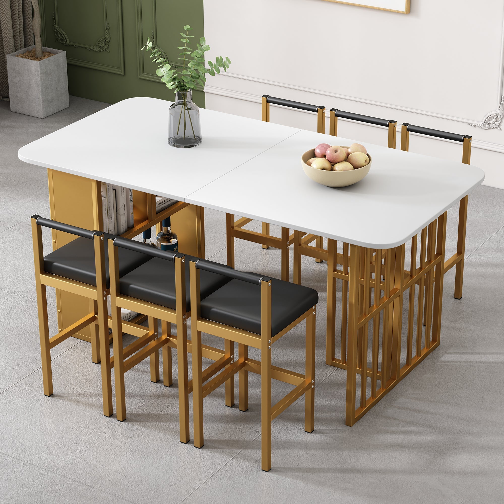 Dining Set with Rectangular Table and 6 Chairs, Steel Frame, White and Gold